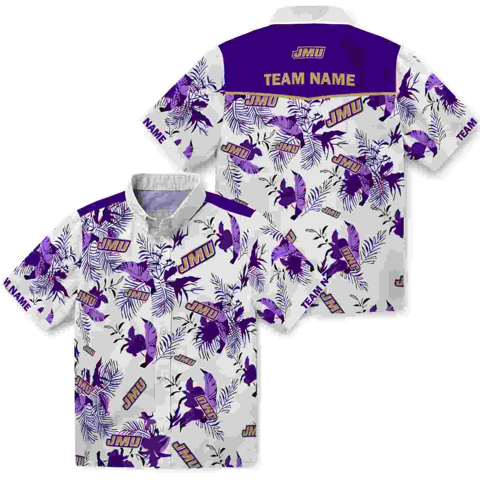 customized james madison dukes botanical theme purple white hawaiian shirt high quality