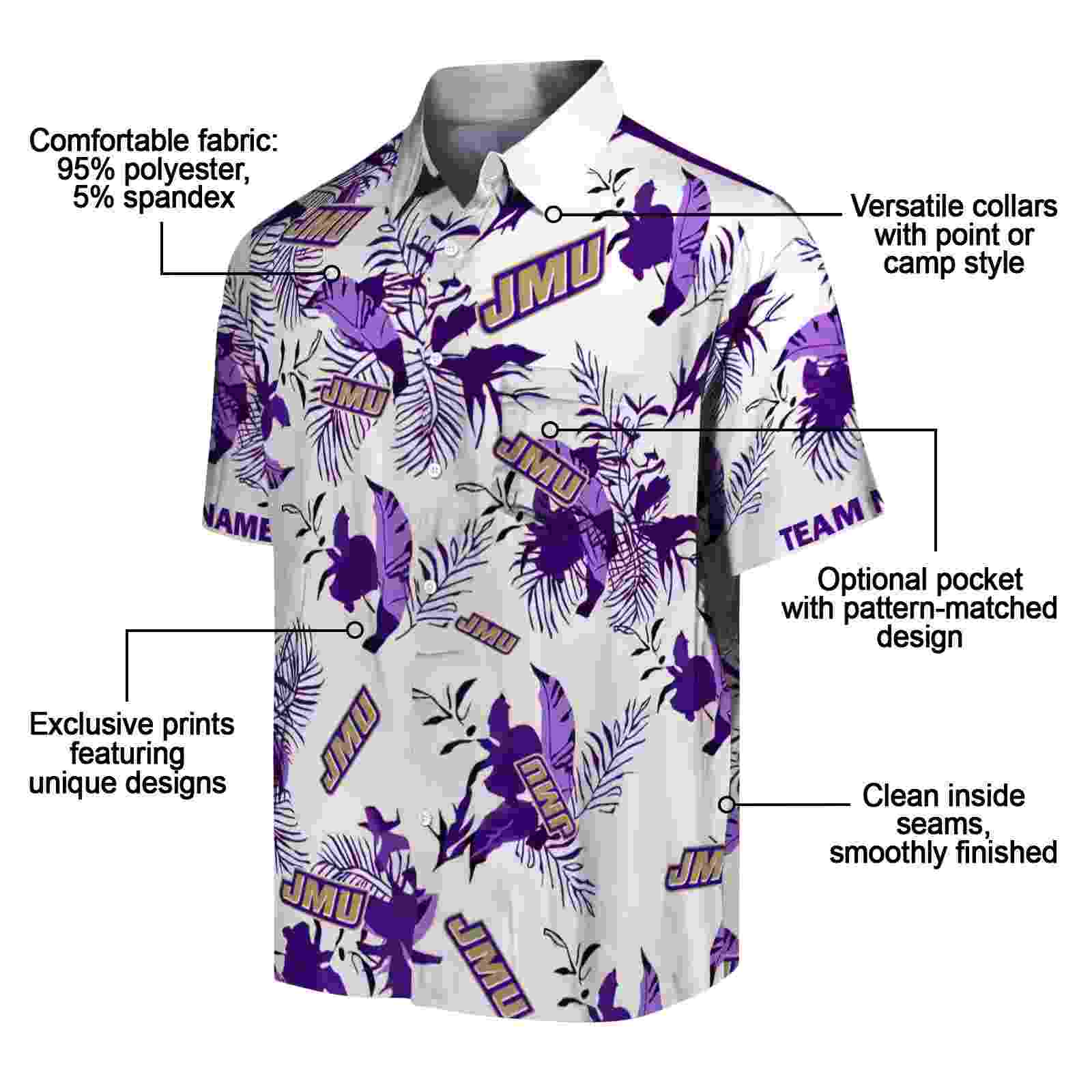 customized james madison dukes botanical theme purple white hawaiian shirt new arrival