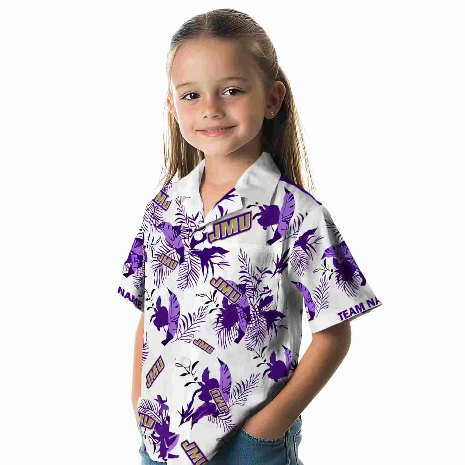 customized james madison dukes botanical theme purple white hawaiian shirt premium grade