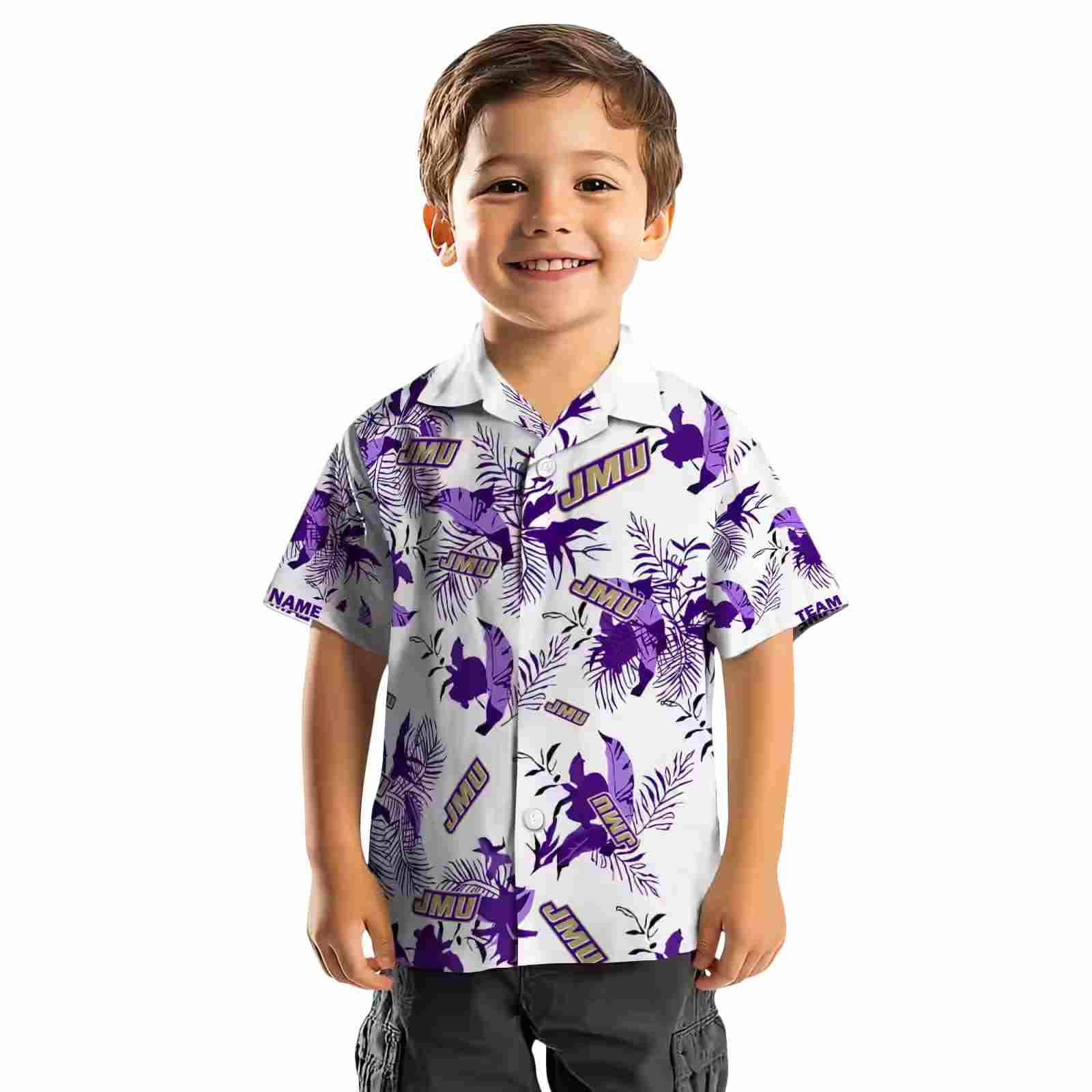 customized james madison dukes botanical theme purple white hawaiian shirt top rated