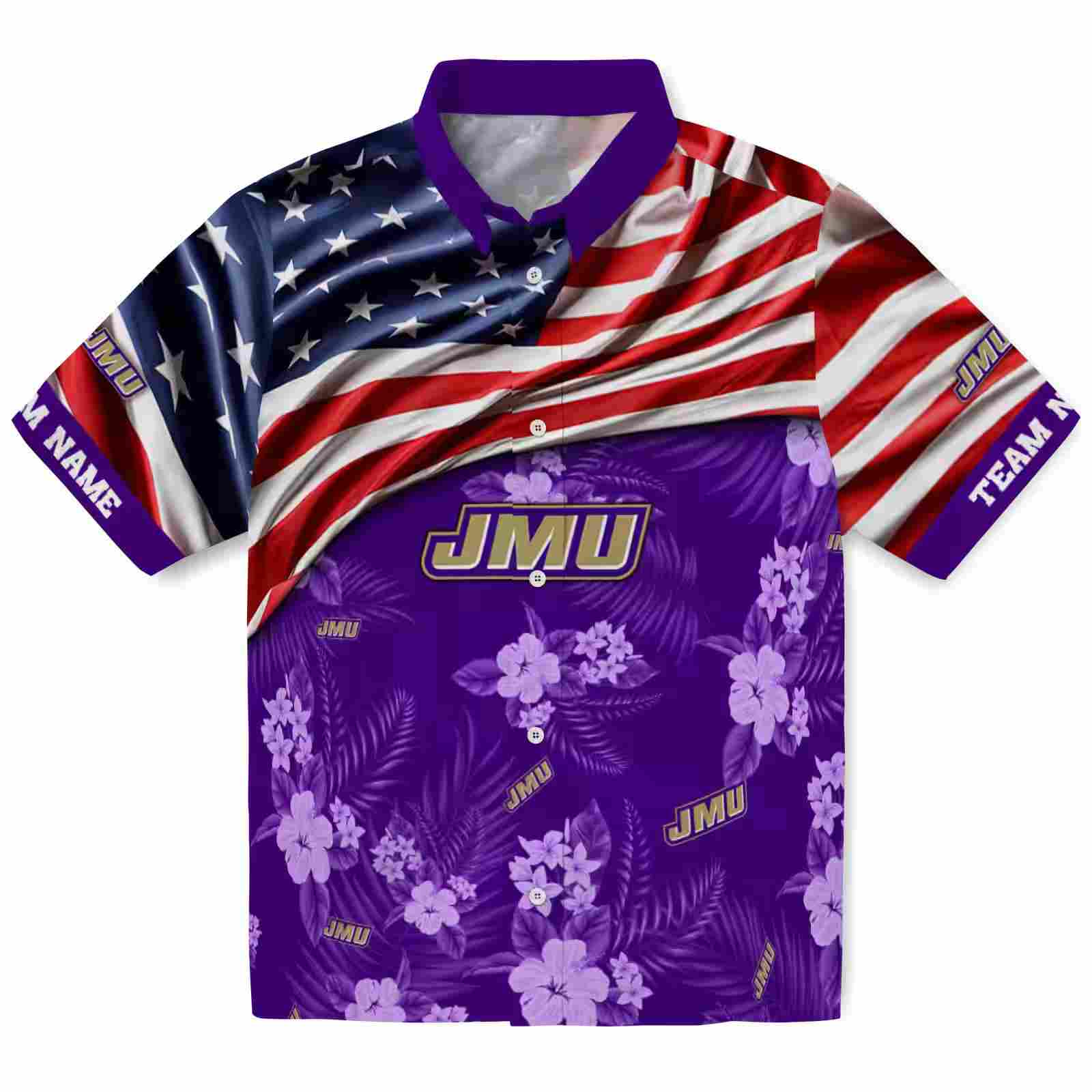 Customized James Madison Dukes US Flag Hibiscus Purple Hawaiian Shirt