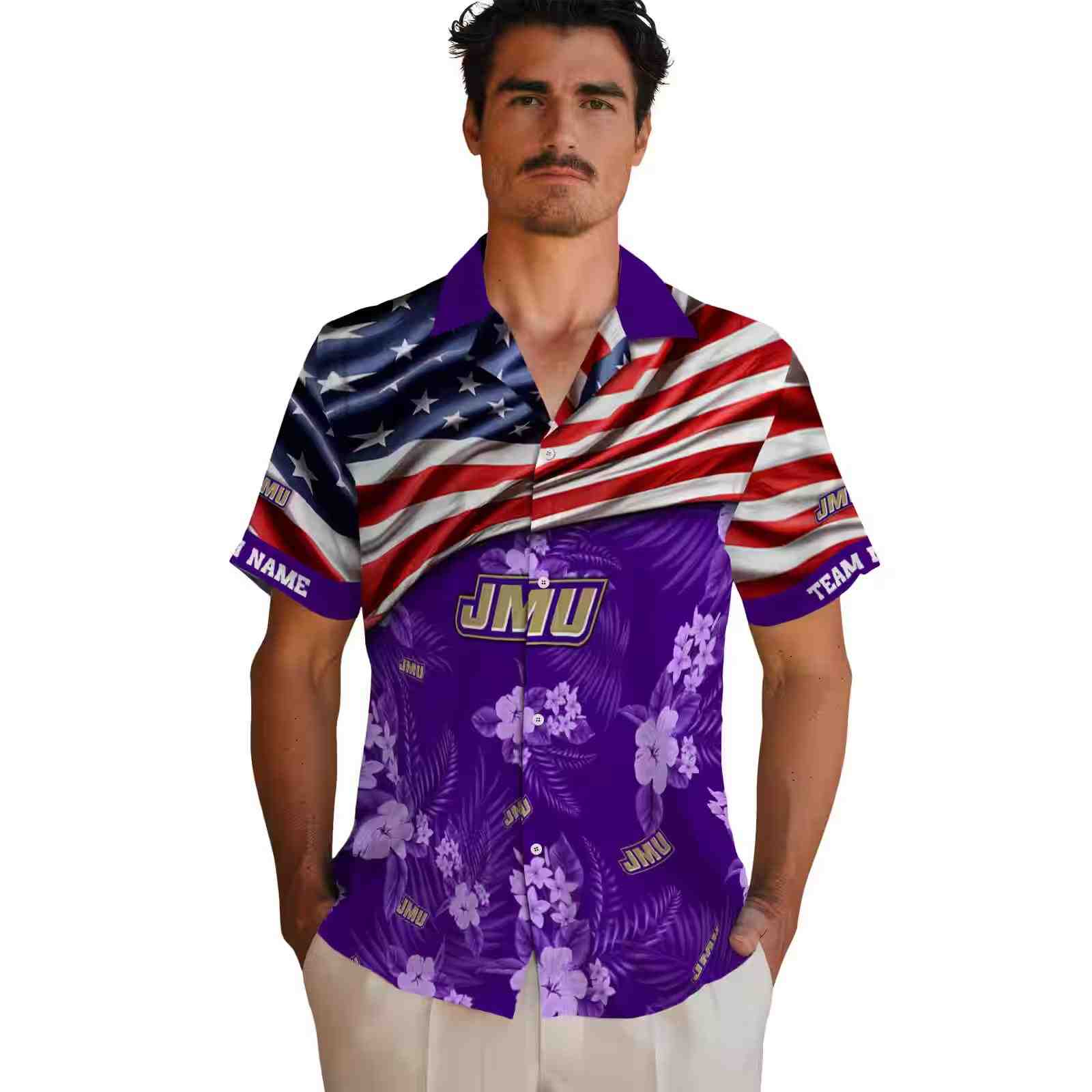 customized james madison dukes us flag hibiscus purple hawaiian shirt fashion forward