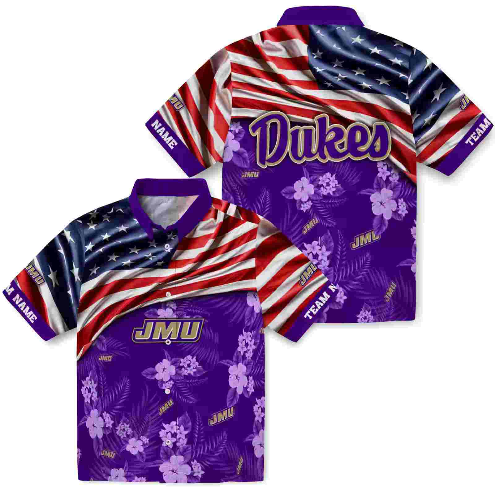 customized james madison dukes us flag hibiscus purple hawaiian shirt high quality