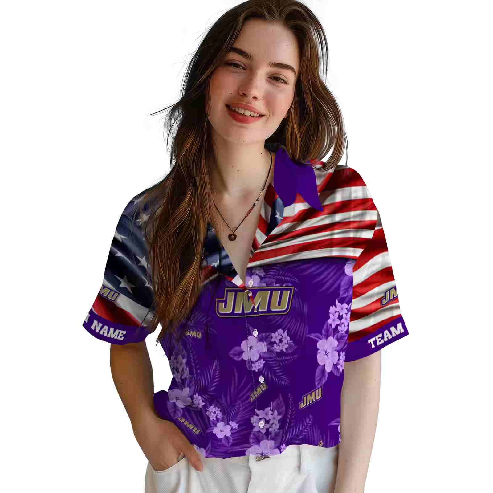 customized james madison dukes us flag hibiscus purple hawaiian shirt latest model