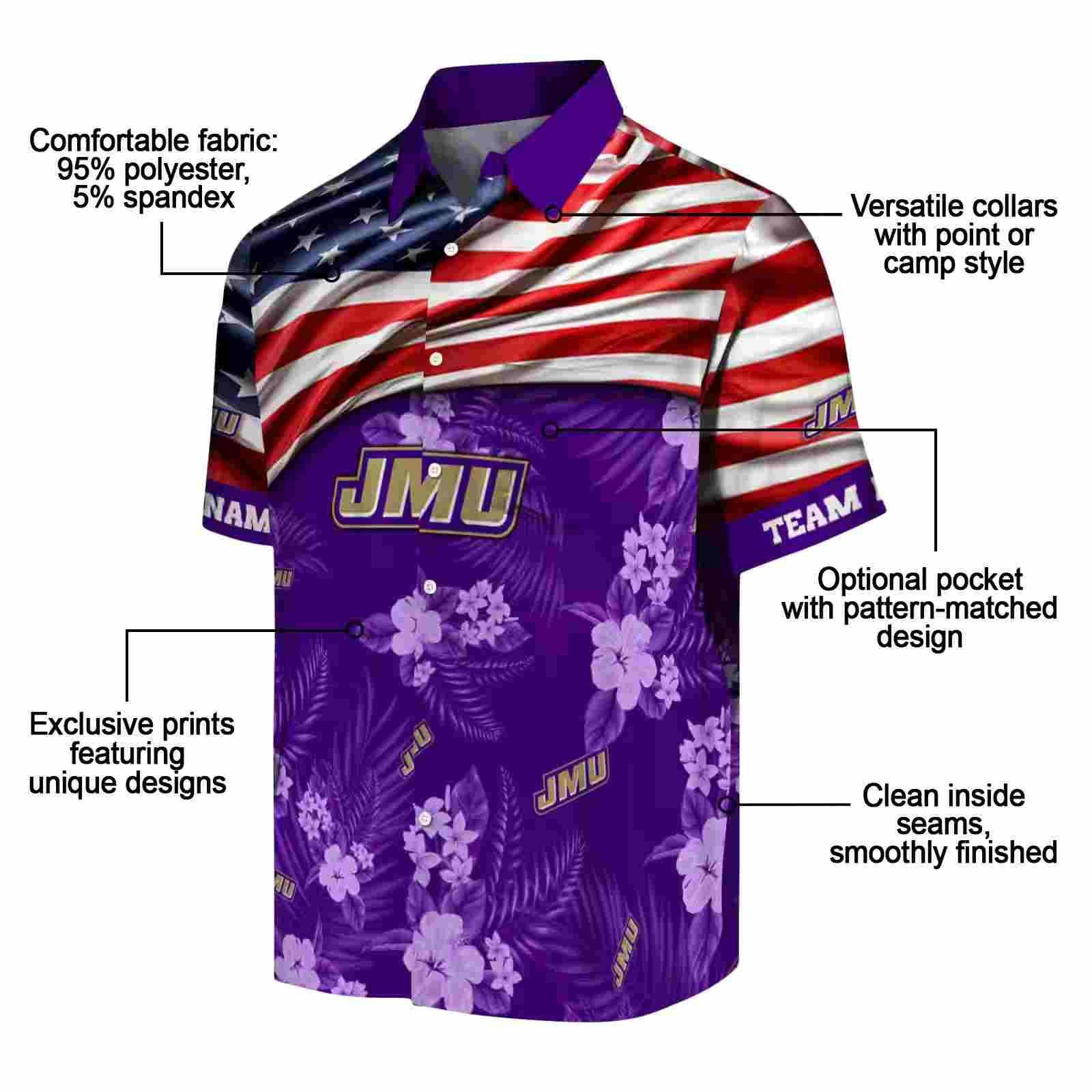 customized james madison dukes us flag hibiscus purple hawaiian shirt new arrival