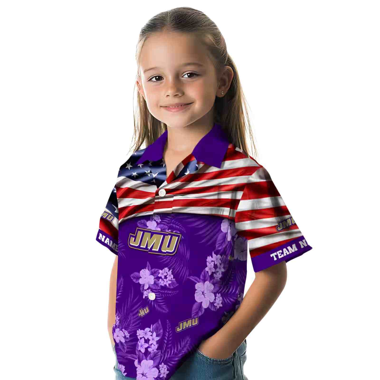 customized james madison dukes us flag hibiscus purple hawaiian shirt premium grade