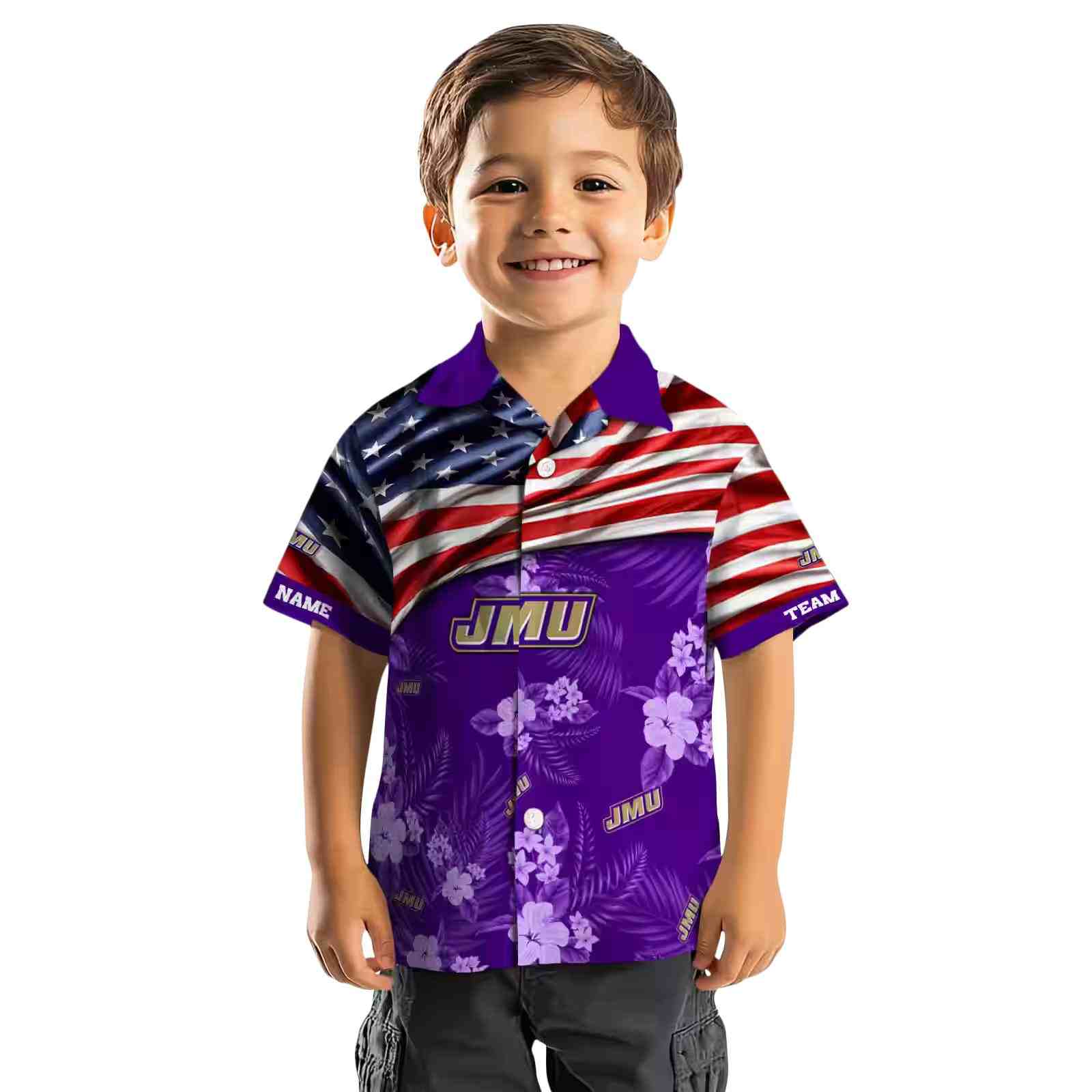 customized james madison dukes us flag hibiscus purple hawaiian shirt top rated