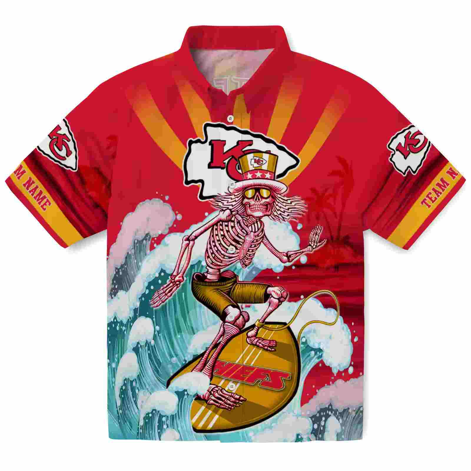 Customized Kansas City Chiefs Surfing Skeleton Red Blue Hawaiian Shirt