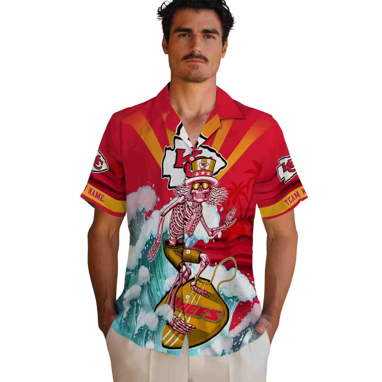 customized kansas city chiefs surfing skeleton red blue hawaiian shirt fashion forward