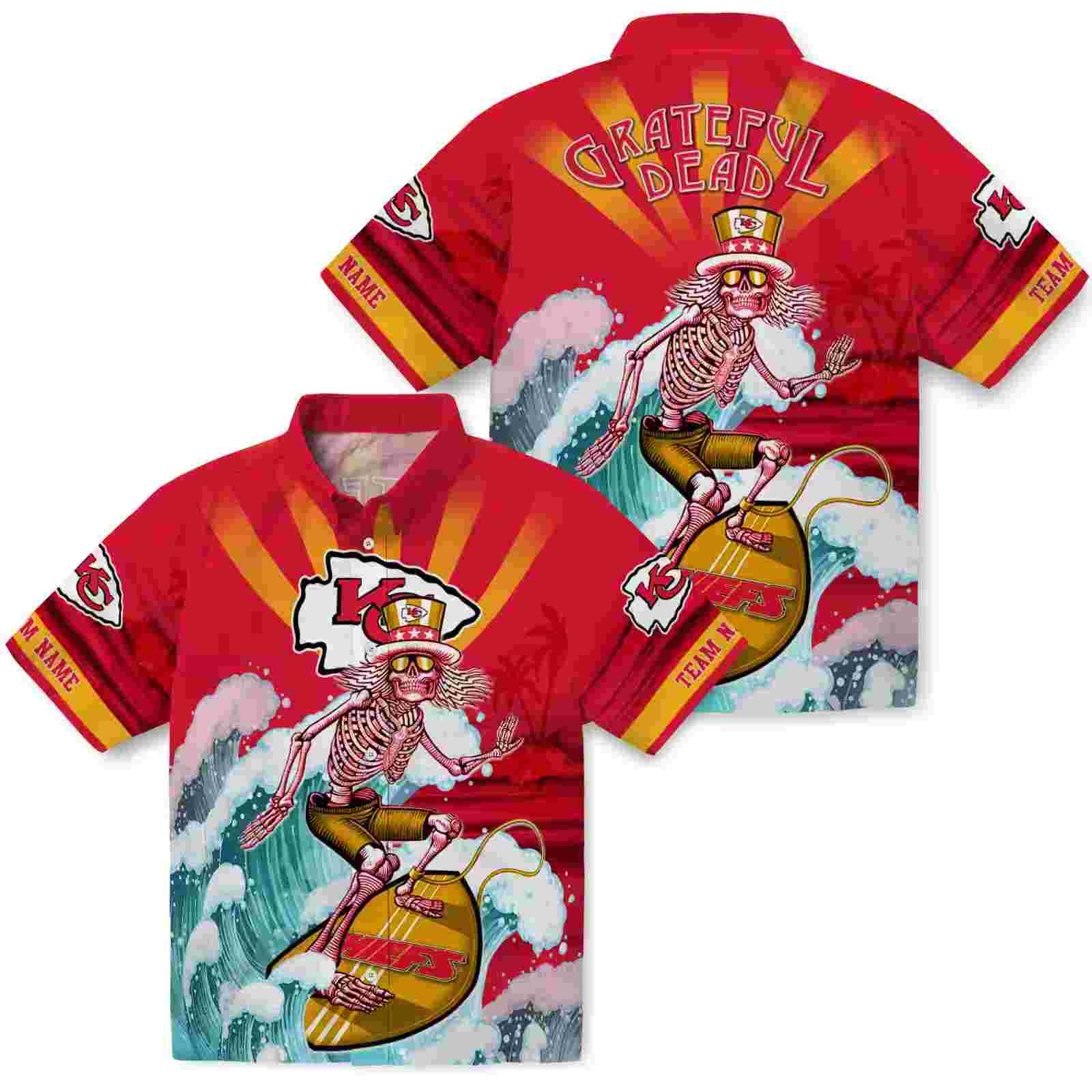 customized kansas city chiefs surfing skeleton red blue hawaiian shirt high quality