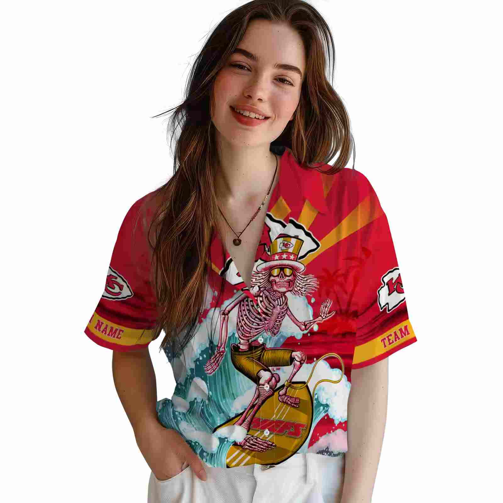 customized kansas city chiefs surfing skeleton red blue hawaiian shirt latest model