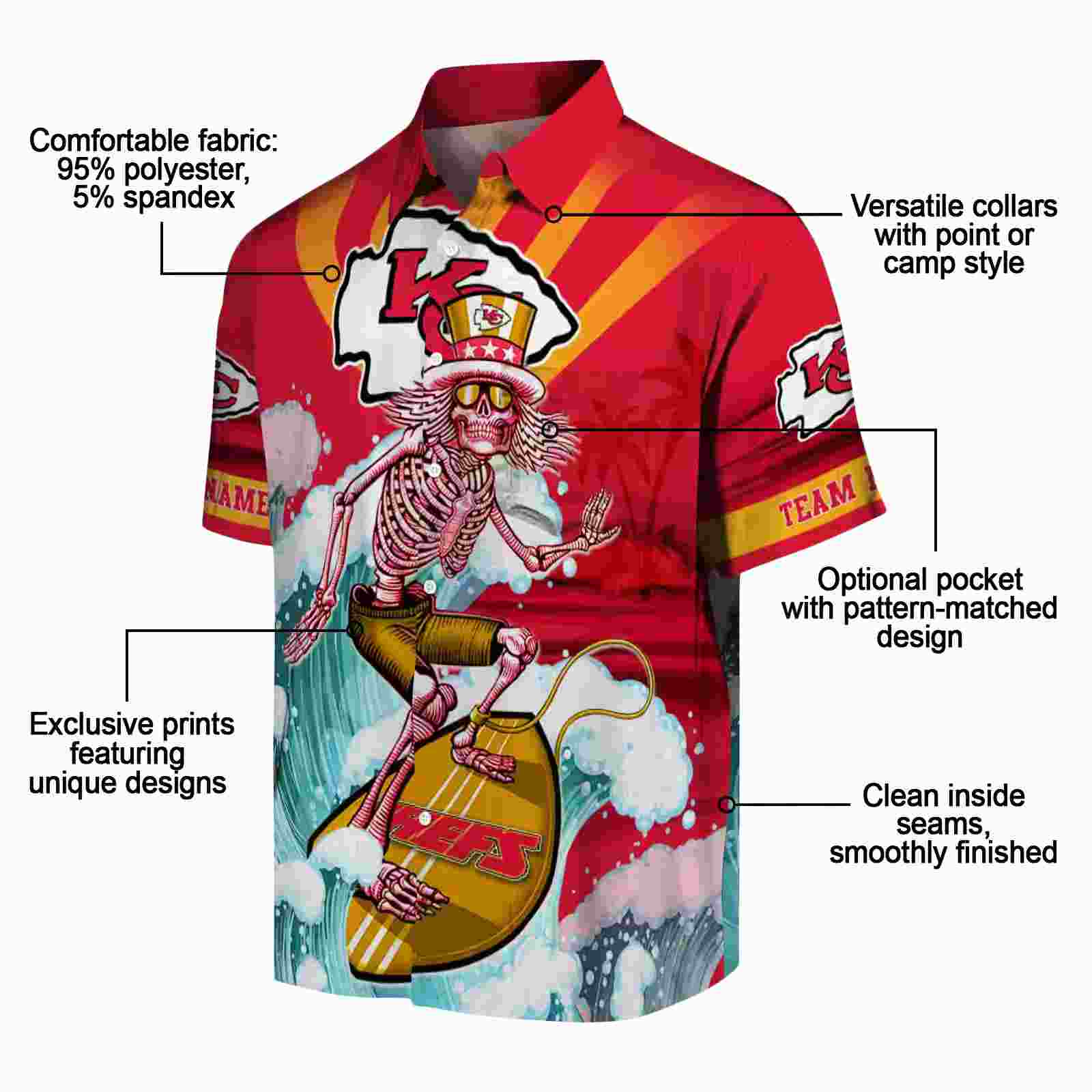 customized kansas city chiefs surfing skeleton red blue hawaiian shirt new arrival