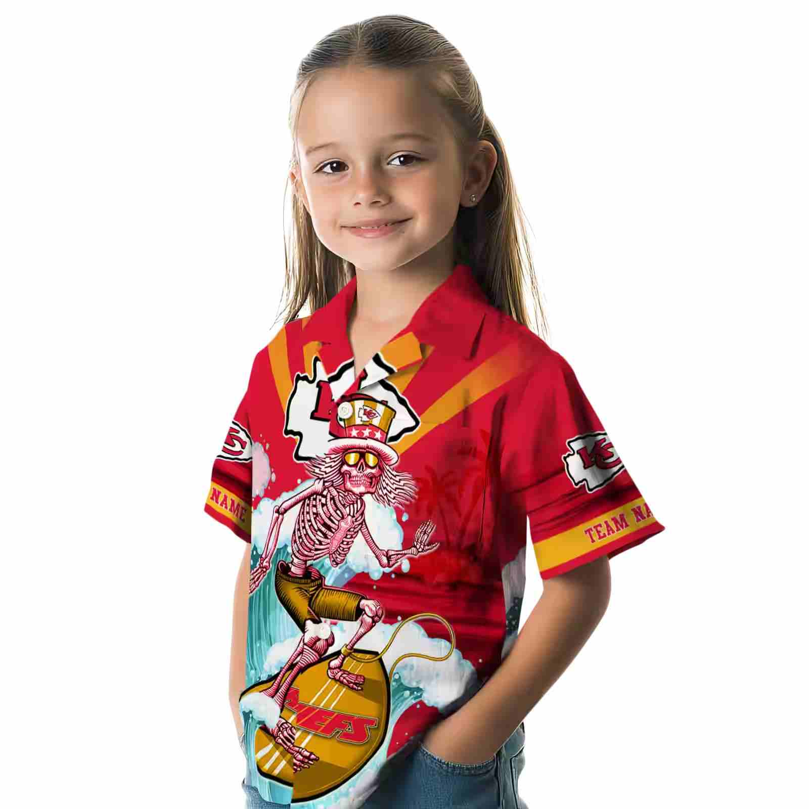 customized kansas city chiefs surfing skeleton red blue hawaiian shirt premium grade