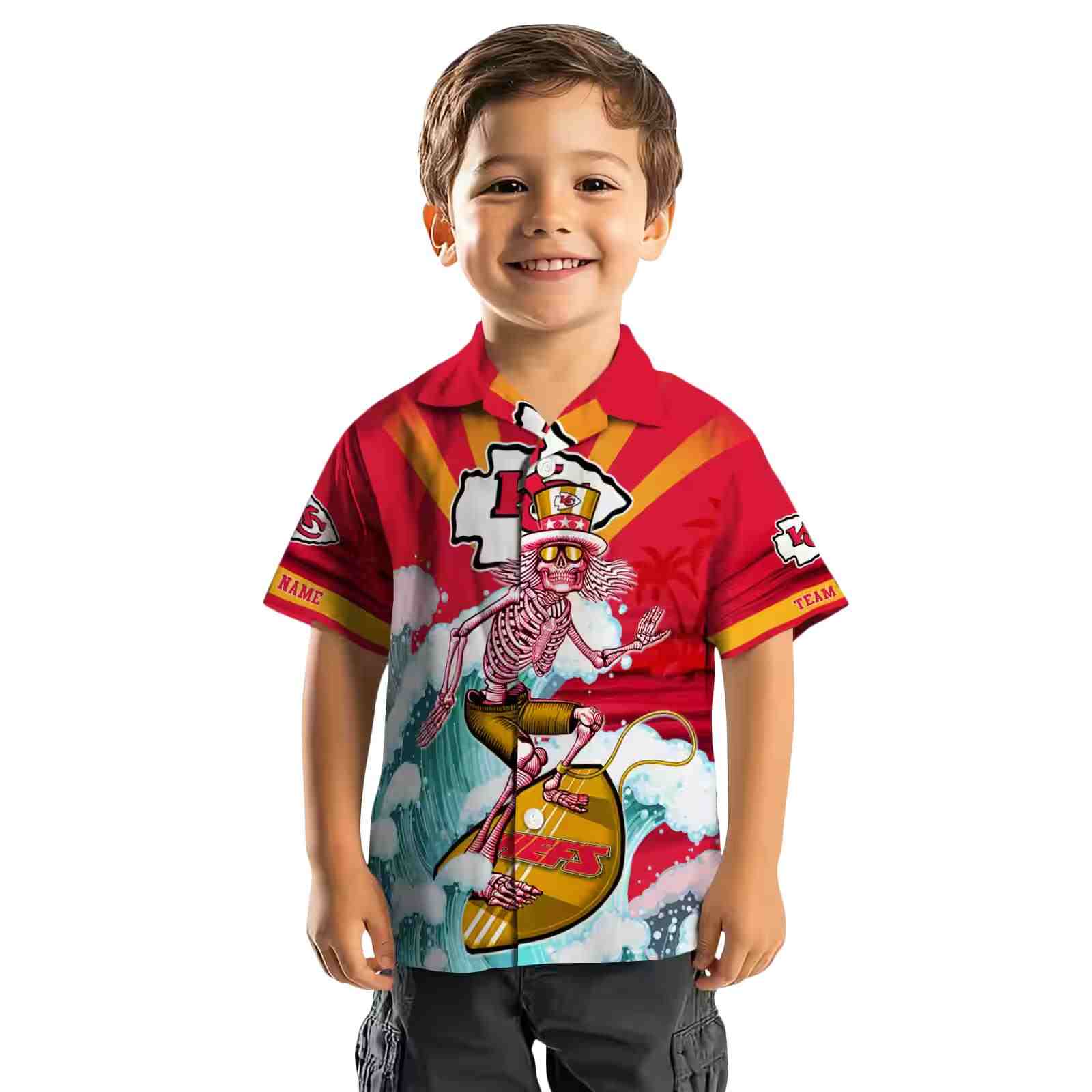 customized kansas city chiefs surfing skeleton red blue hawaiian shirt top rated