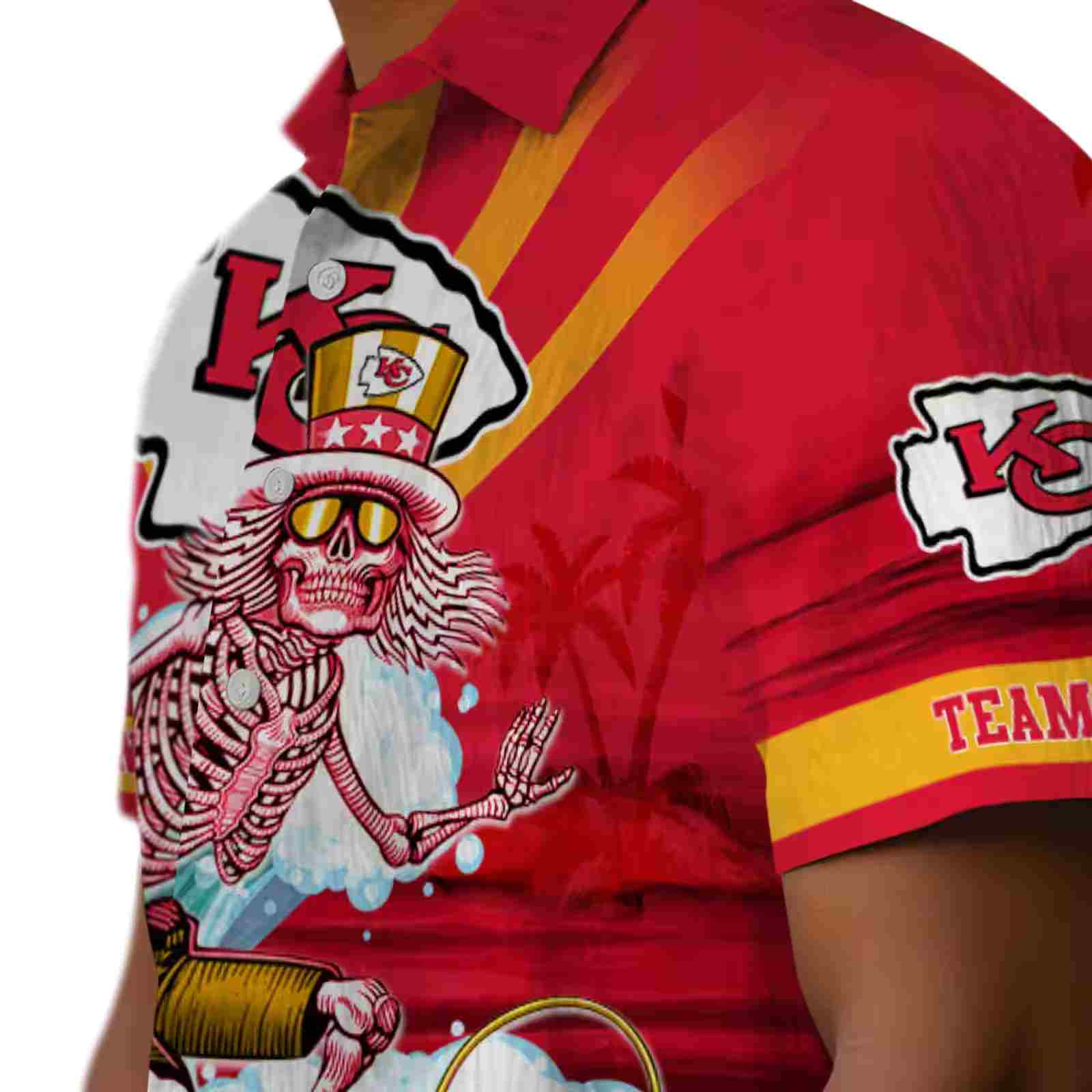 customized kansas city chiefs surfing skeleton red blue hawaiian shirt trendy