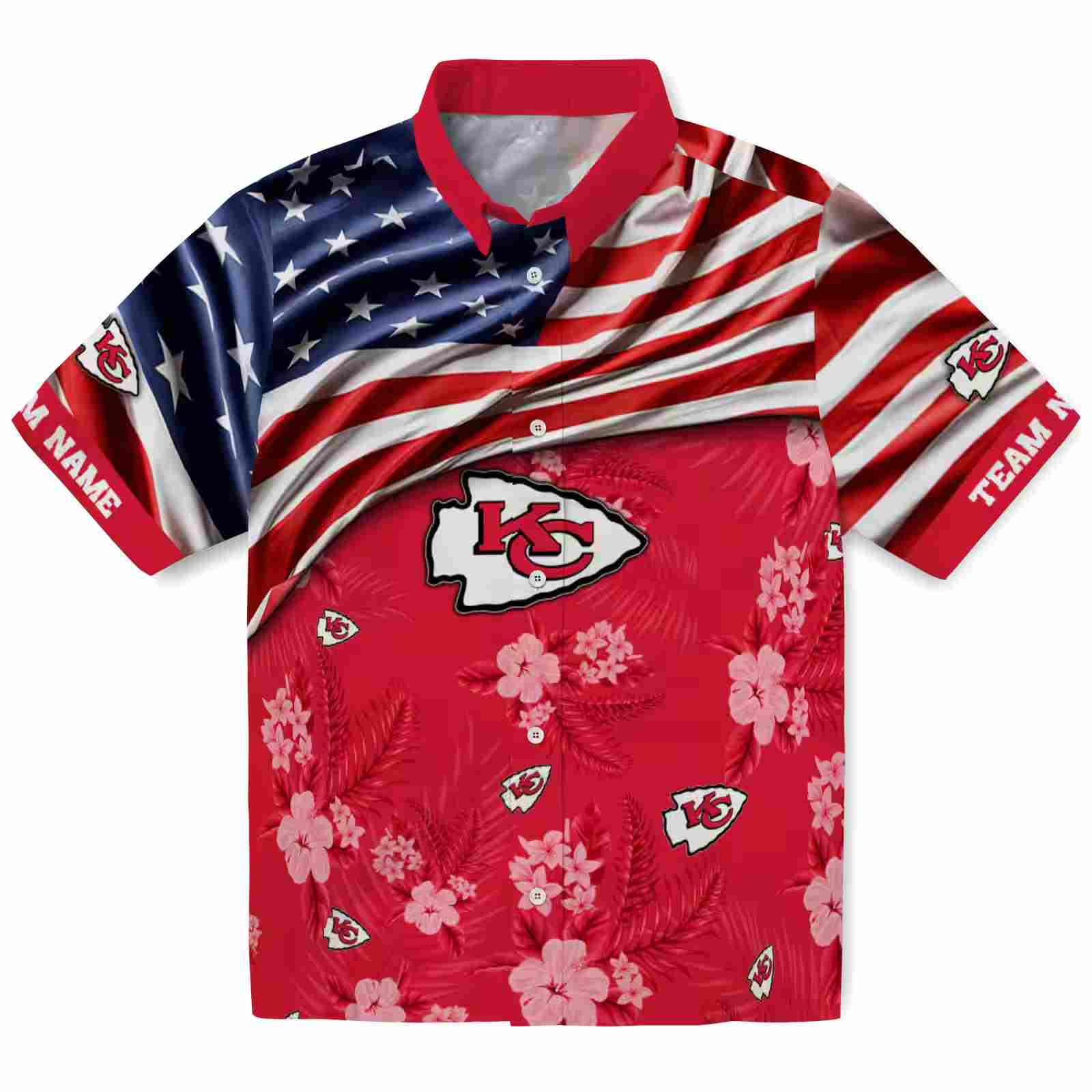 Customized Kansas City Chiefs US Flag Hibiscus Red Hawaiian Shirt