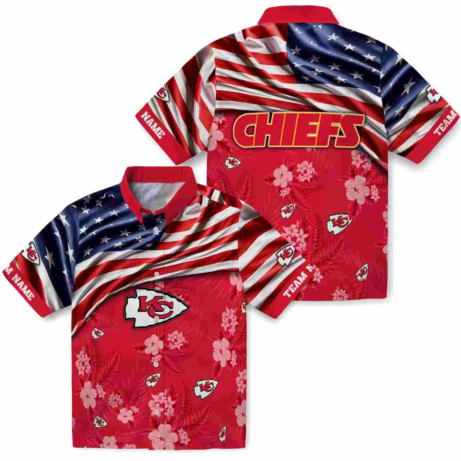 customized kansas city chiefs us flag hibiscus red hawaiian shirt high quality