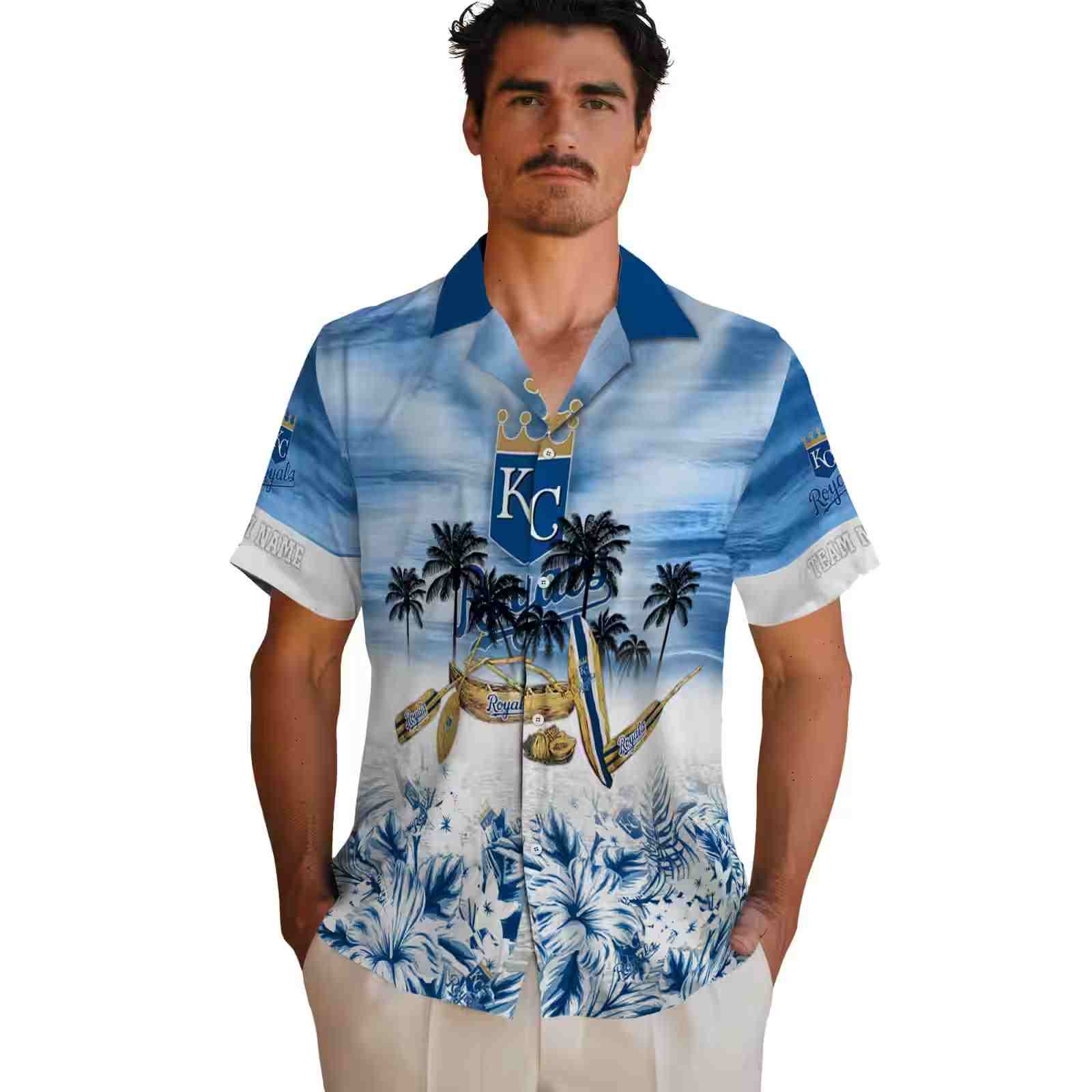 customized kansas city royals tropical canoe royal blue hawaiian shirt fashion forward