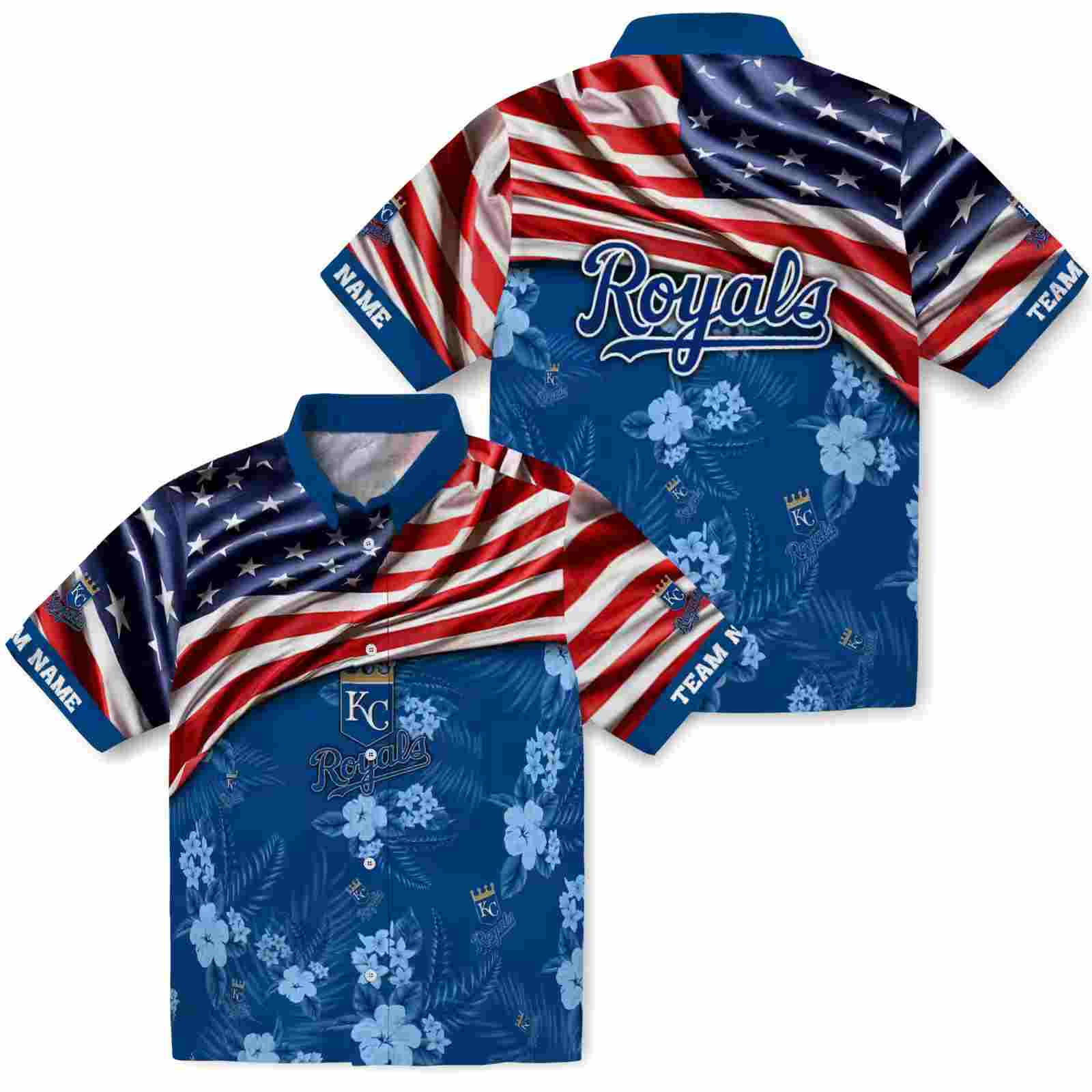 customized kansas city royals us flag hibiscus royal blue hawaiian shirt high quality