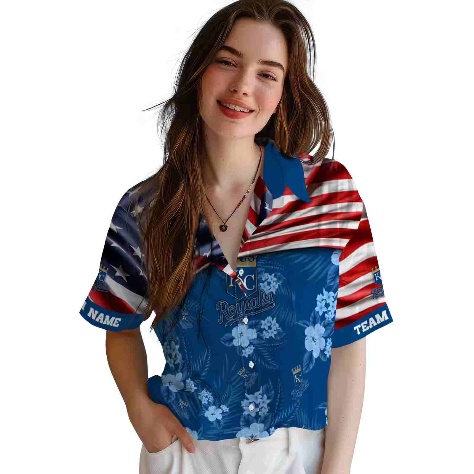 customized kansas city royals us flag hibiscus royal blue hawaiian shirt latest model