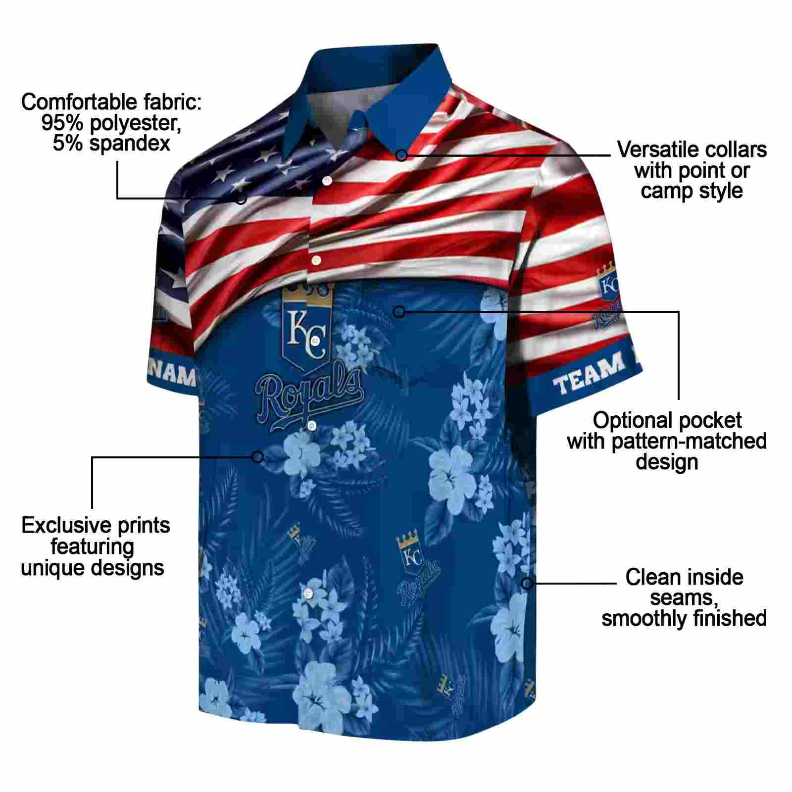 customized kansas city royals us flag hibiscus royal blue hawaiian shirt new arrival