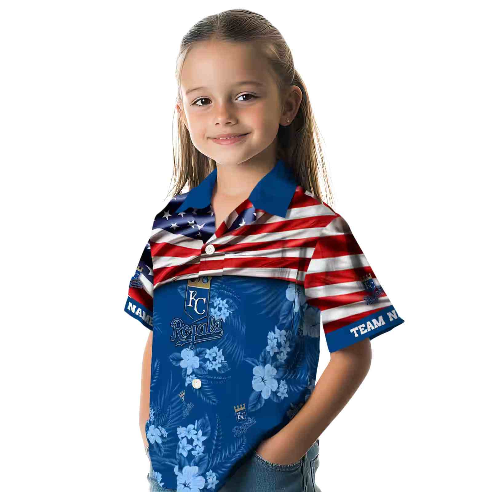 customized kansas city royals us flag hibiscus royal blue hawaiian shirt premium grade