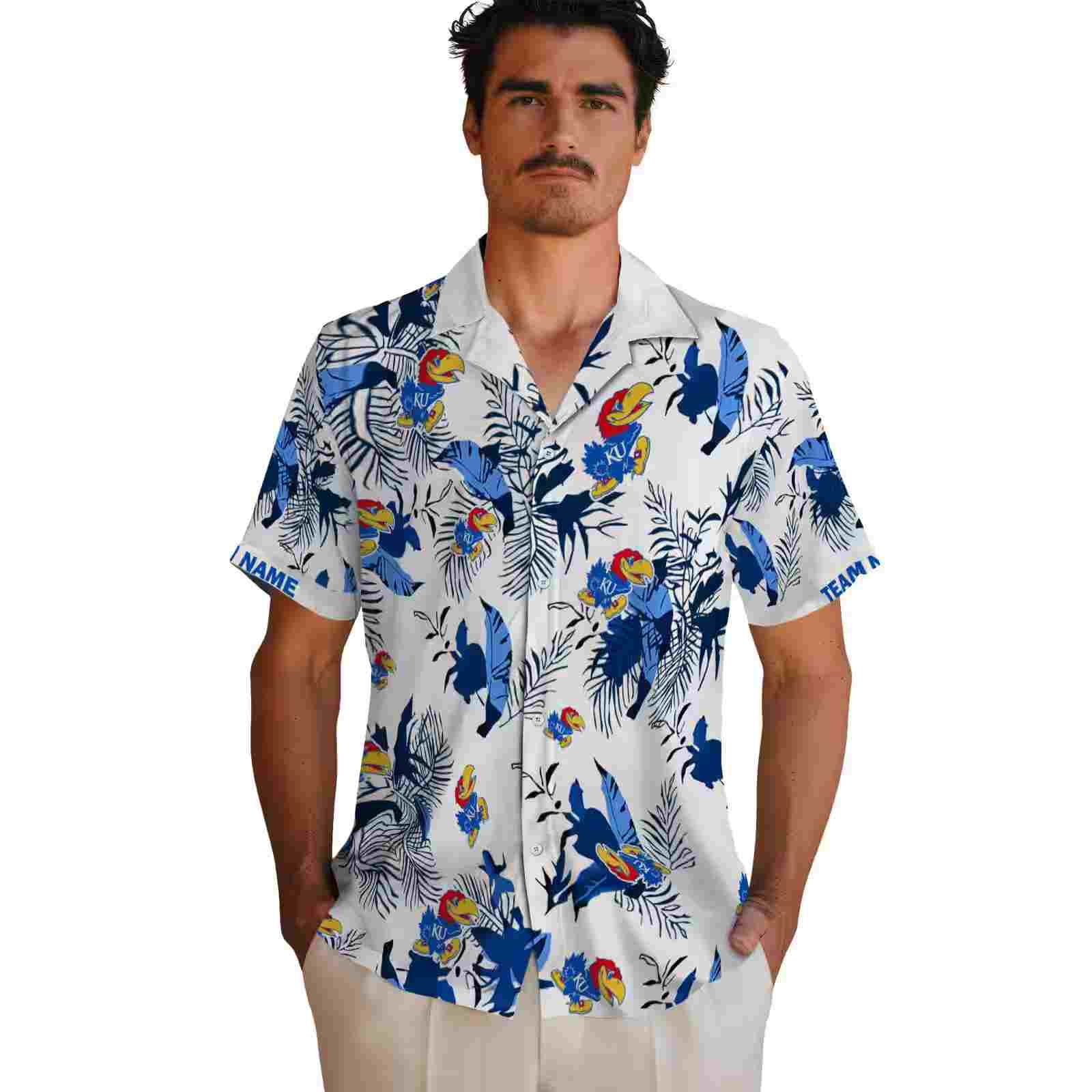 customized kansas jayhawks botanical theme blue white hawaiian shirt fashion forward