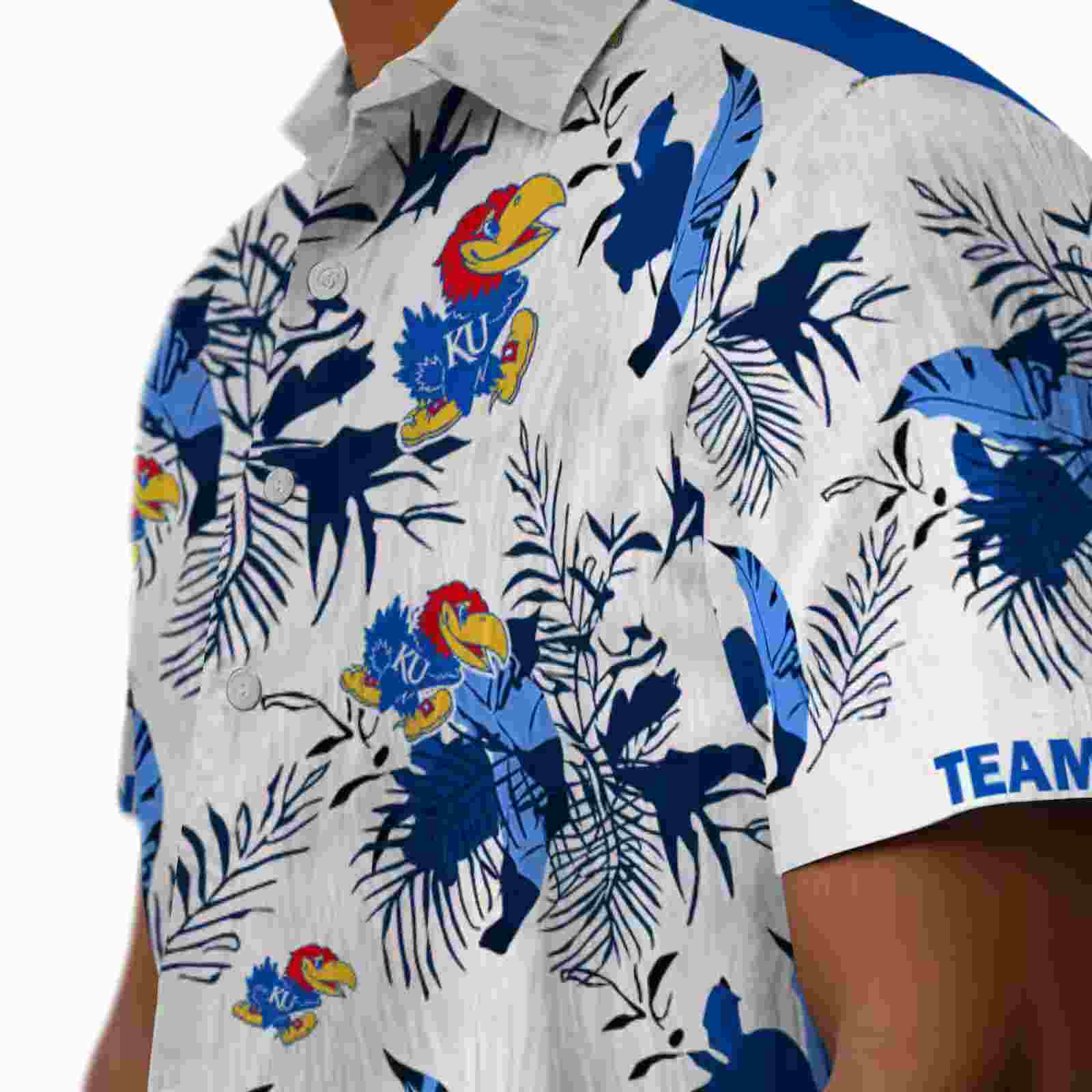 customized kansas jayhawks botanical theme blue white hawaiian shirt trendy