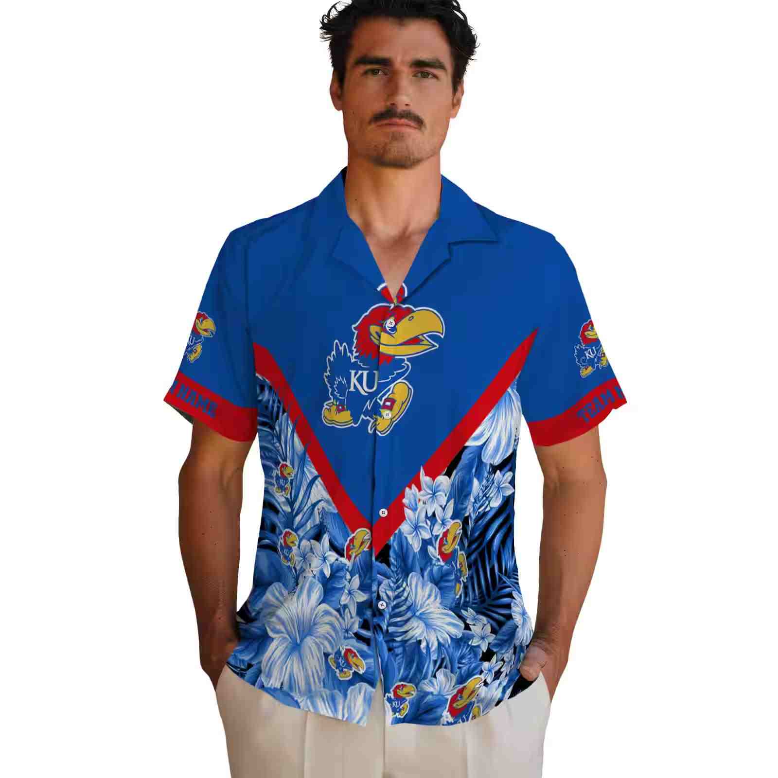 customized kansas jayhawks floral chevron blue hawaiian shirt fashion forward