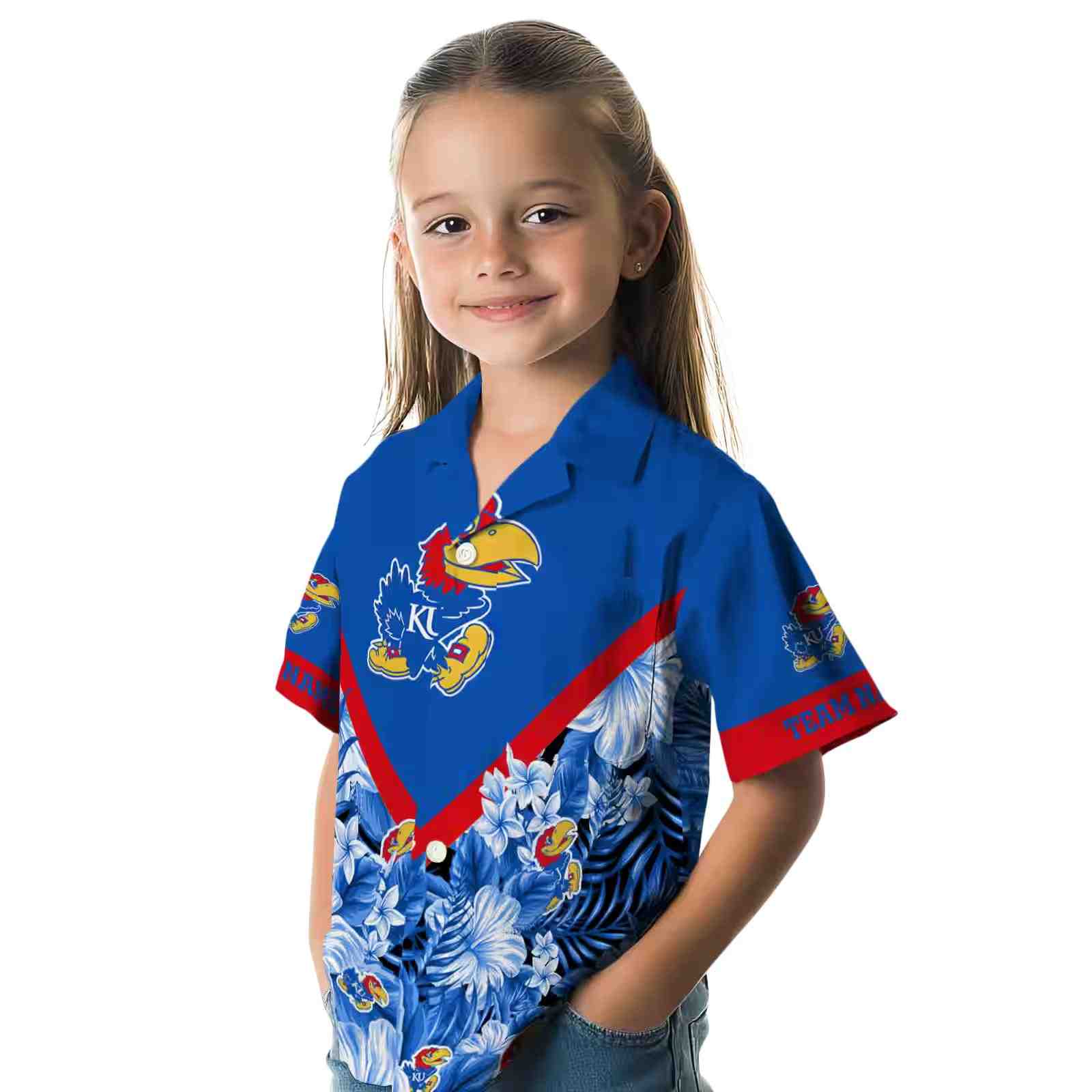 customized kansas jayhawks floral chevron blue hawaiian shirt premium grade