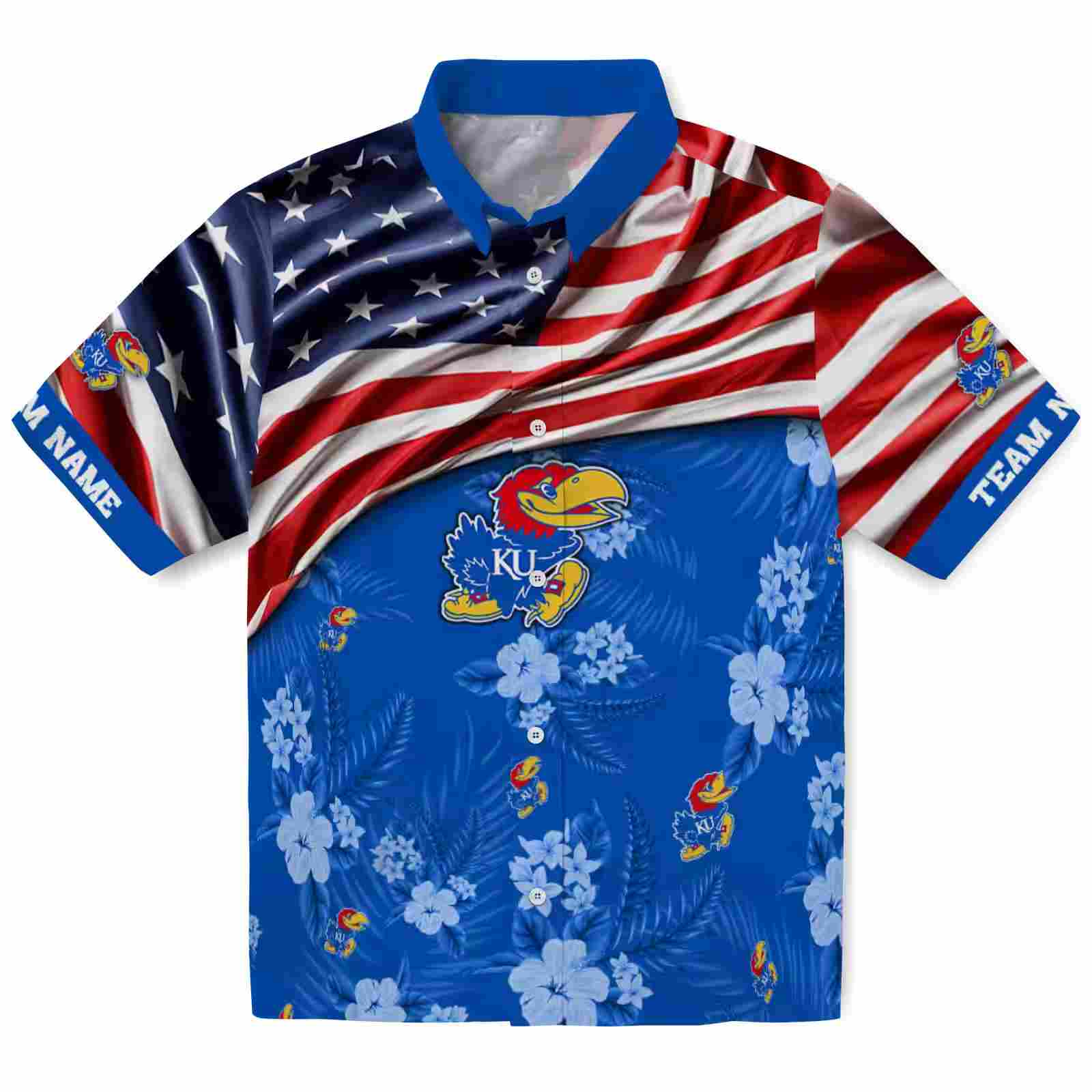 Customized Kansas Jayhawks US Flag Hibiscus Blue Hawaiian Shirt