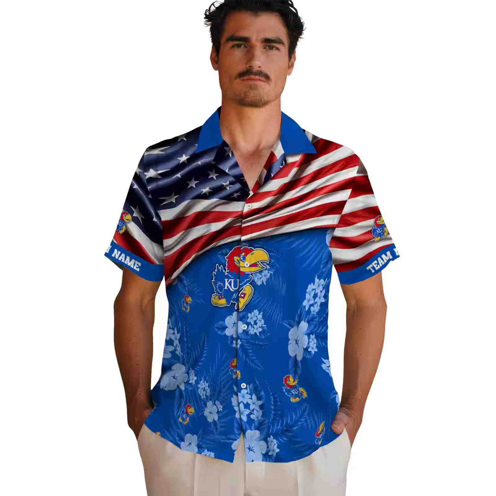 customized kansas jayhawks us flag hibiscus blue hawaiian shirt fashion forward