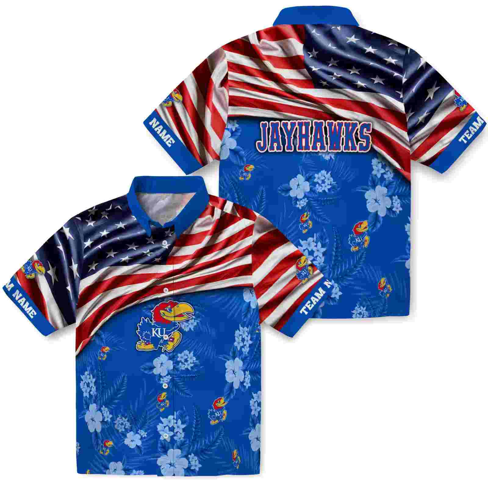 customized kansas jayhawks us flag hibiscus blue hawaiian shirt high quality