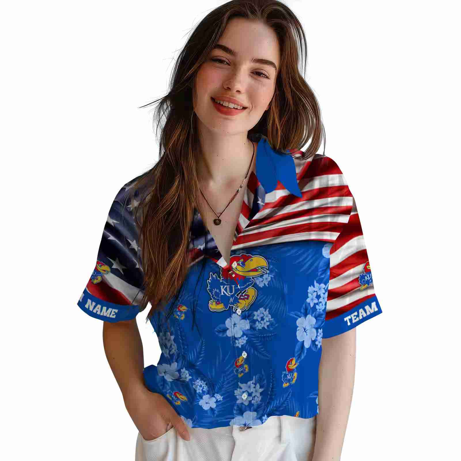 customized kansas jayhawks us flag hibiscus blue hawaiian shirt latest model