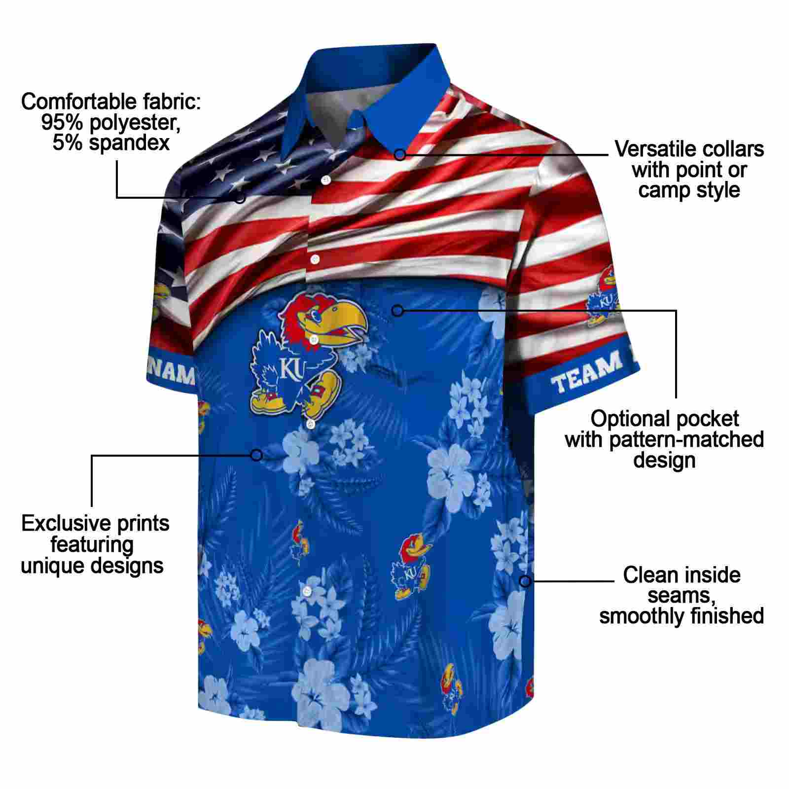 customized kansas jayhawks us flag hibiscus blue hawaiian shirt new arrival