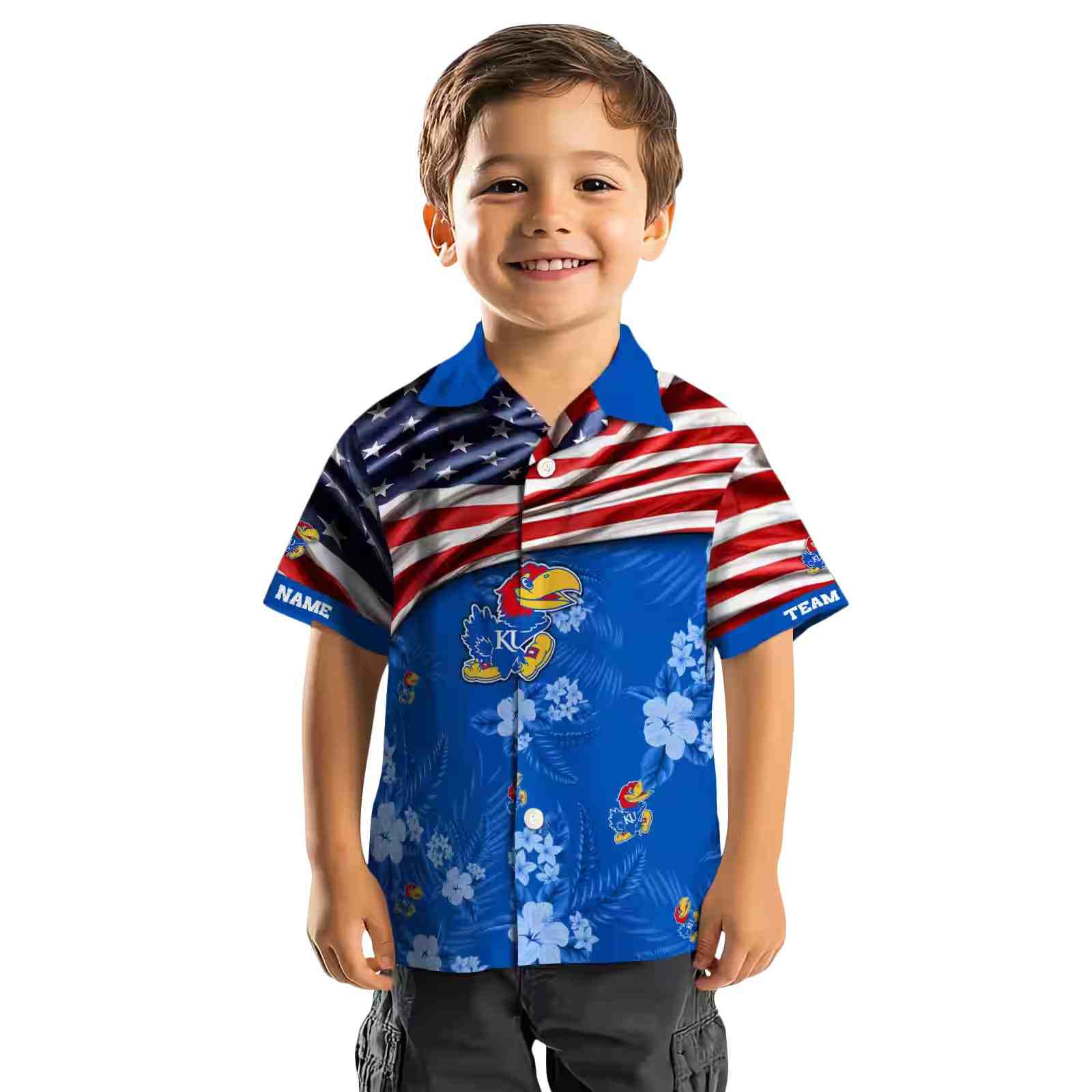 customized kansas jayhawks us flag hibiscus blue hawaiian shirt top rated