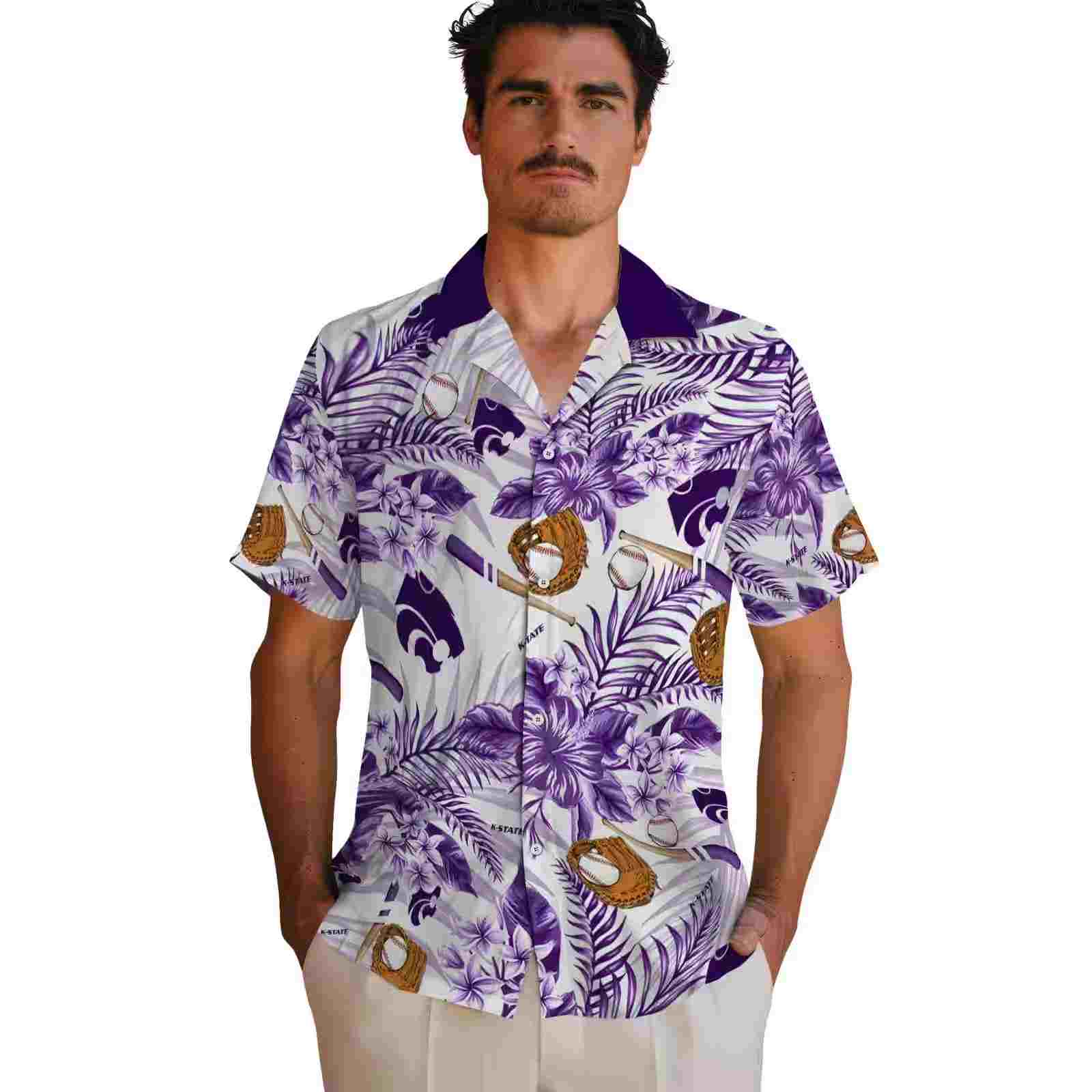 customized kansas state wildcats floral baseball purple white hawaiian shirt fashion forward