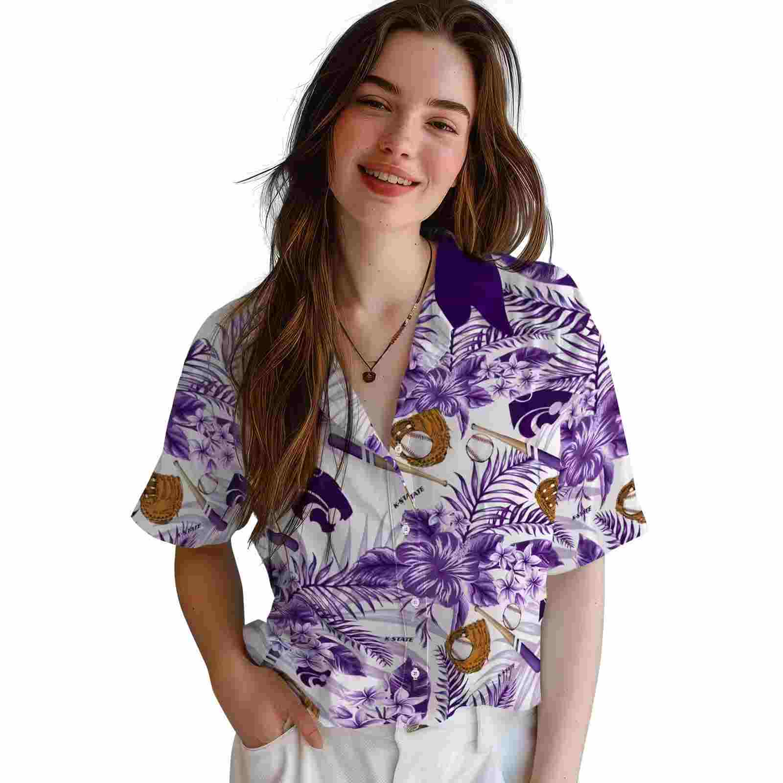 customized kansas state wildcats floral baseball purple white hawaiian shirt latest model