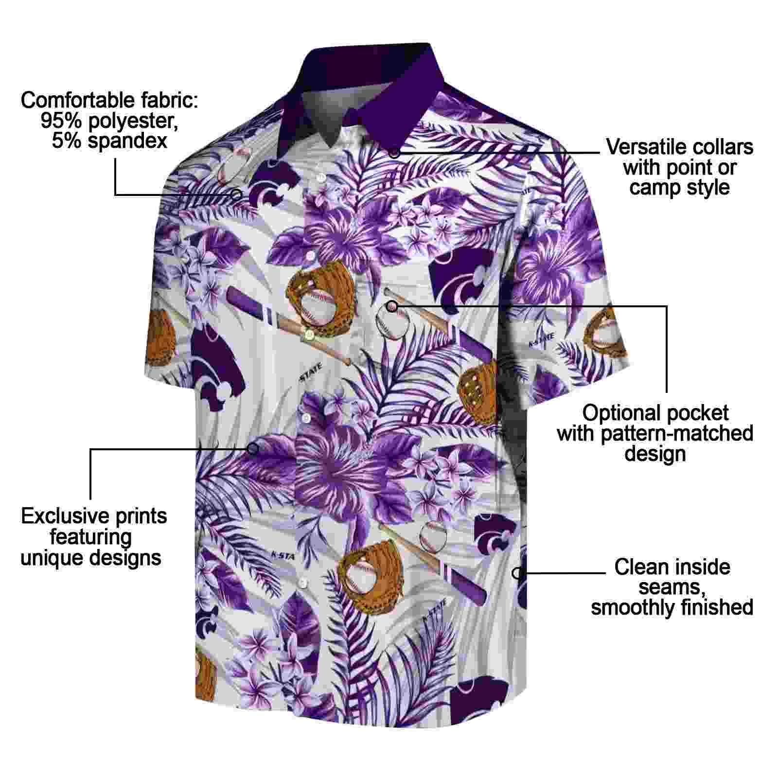 customized kansas state wildcats floral baseball purple white hawaiian shirt new arrival