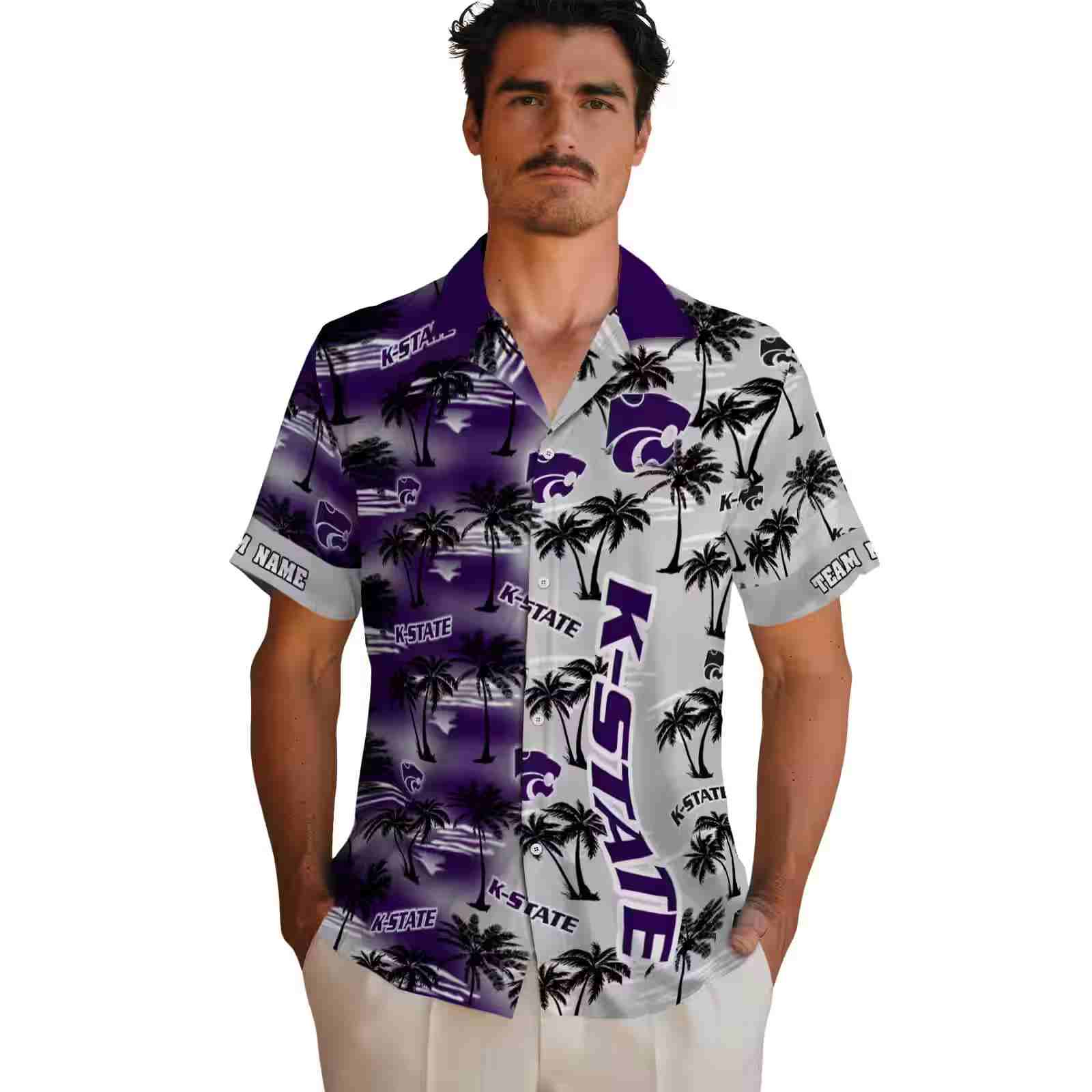 customized kansas state wildcats palm silhouettes purple hawaiian shirt fashion forward