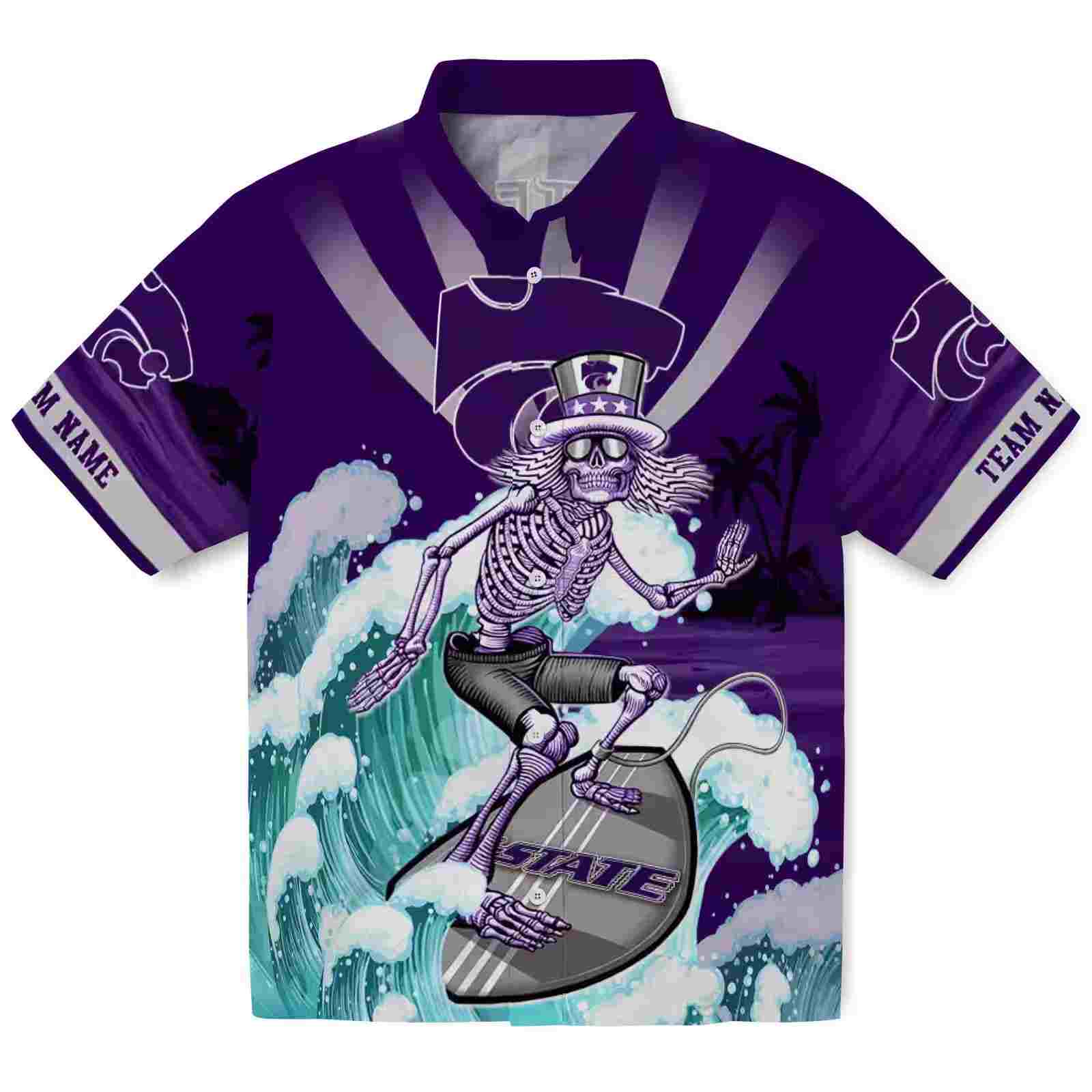 Customized Kansas State Wildcats Surfing Skeleton Purple Blue Hawaiian Shirt