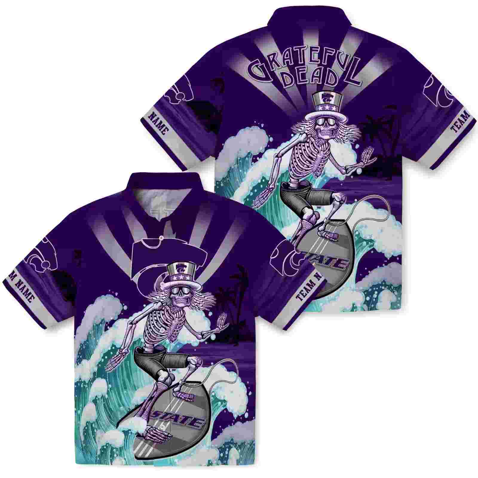 customized kansas state wildcats surfing skeleton purple blue hawaiian shirt high quality