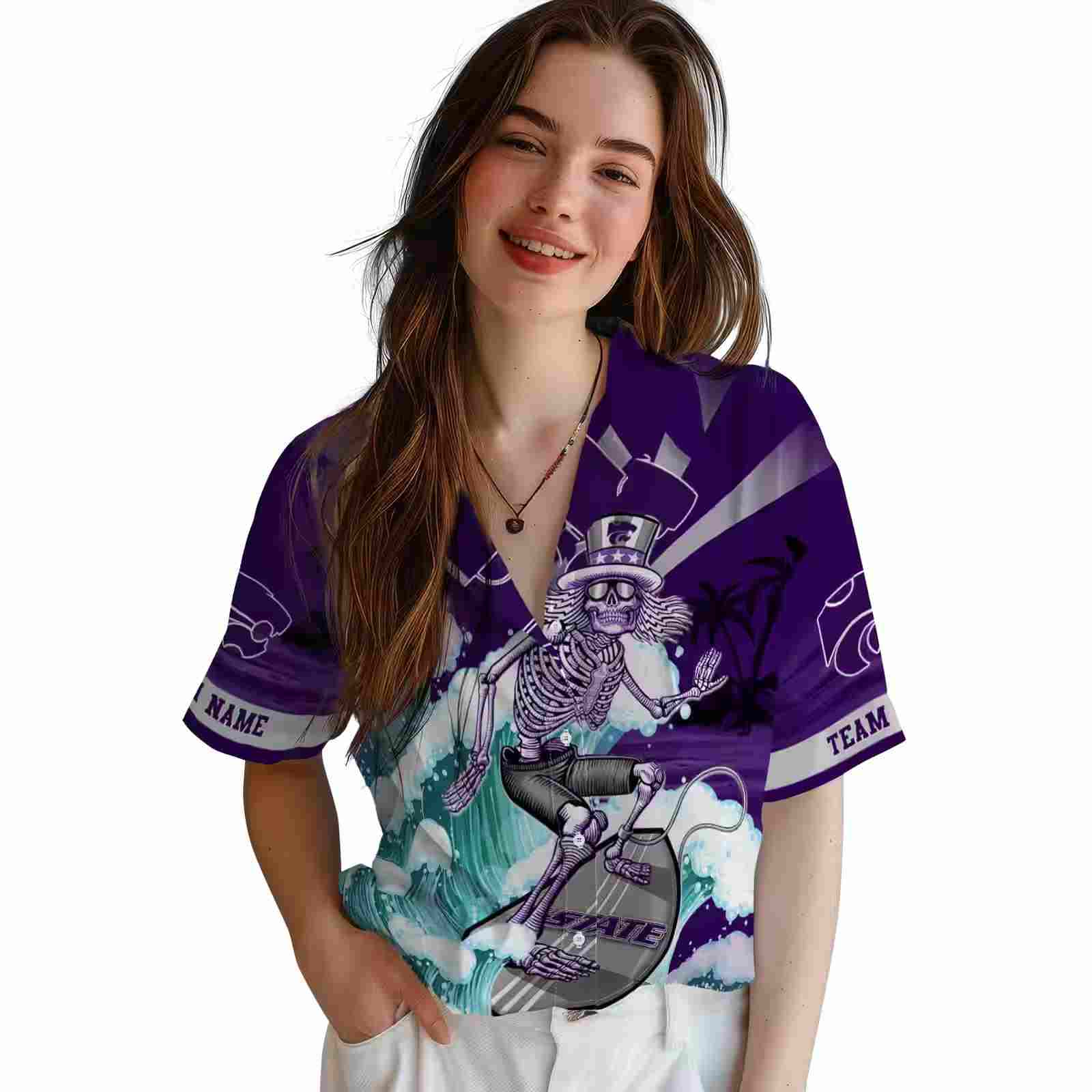 customized kansas state wildcats surfing skeleton purple blue hawaiian shirt latest model