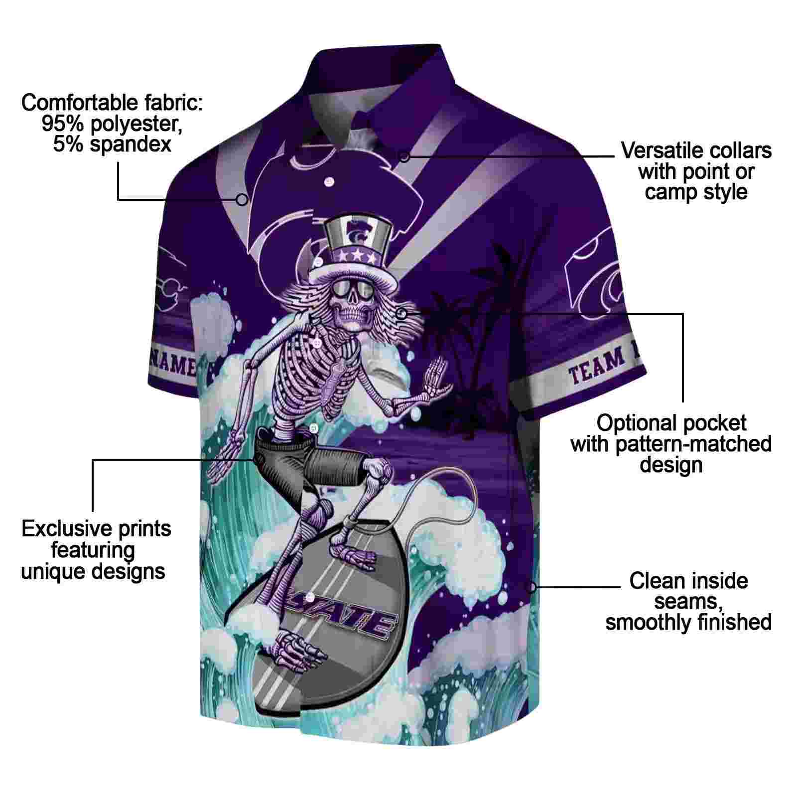 customized kansas state wildcats surfing skeleton purple blue hawaiian shirt new arrival