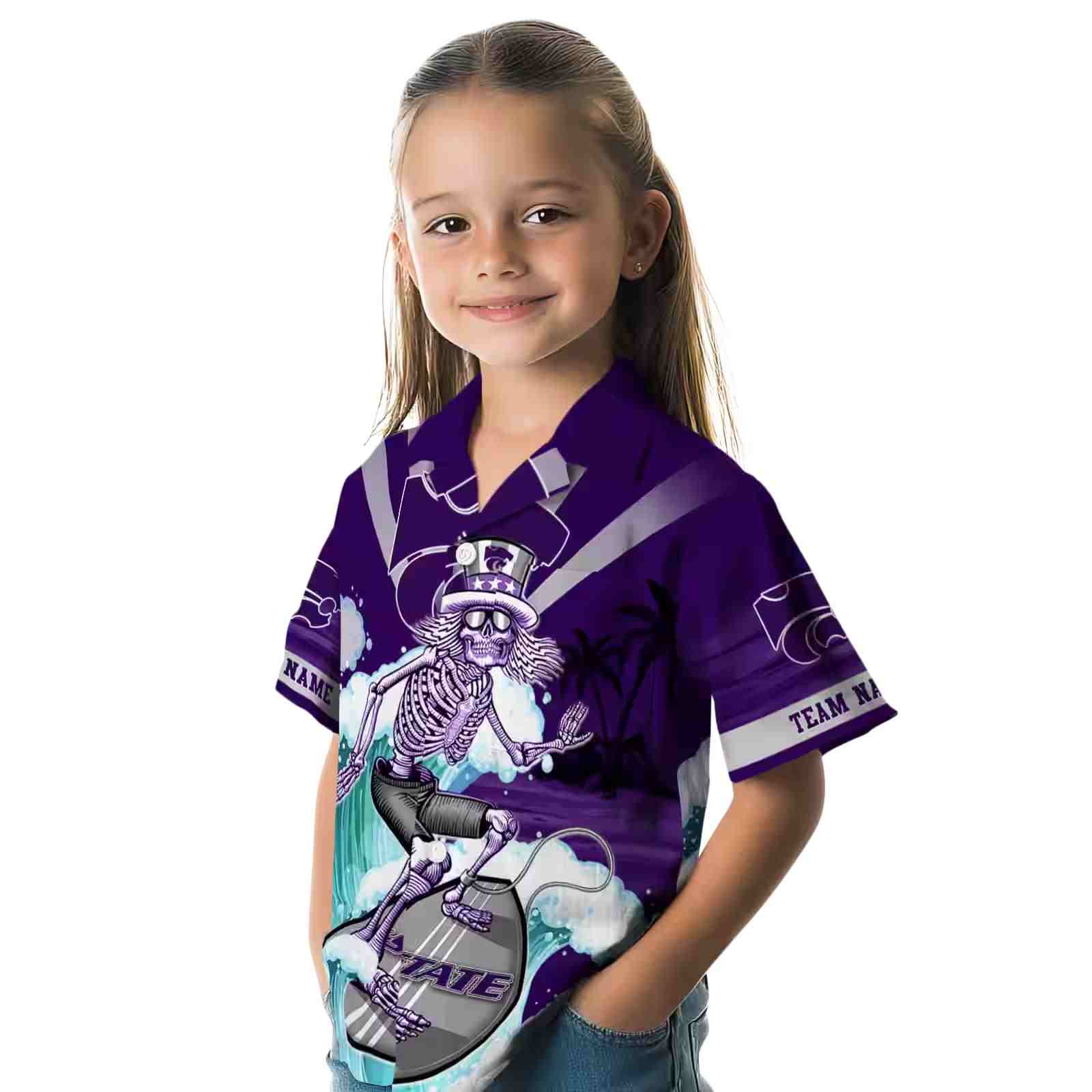 customized kansas state wildcats surfing skeleton purple blue hawaiian shirt premium grade