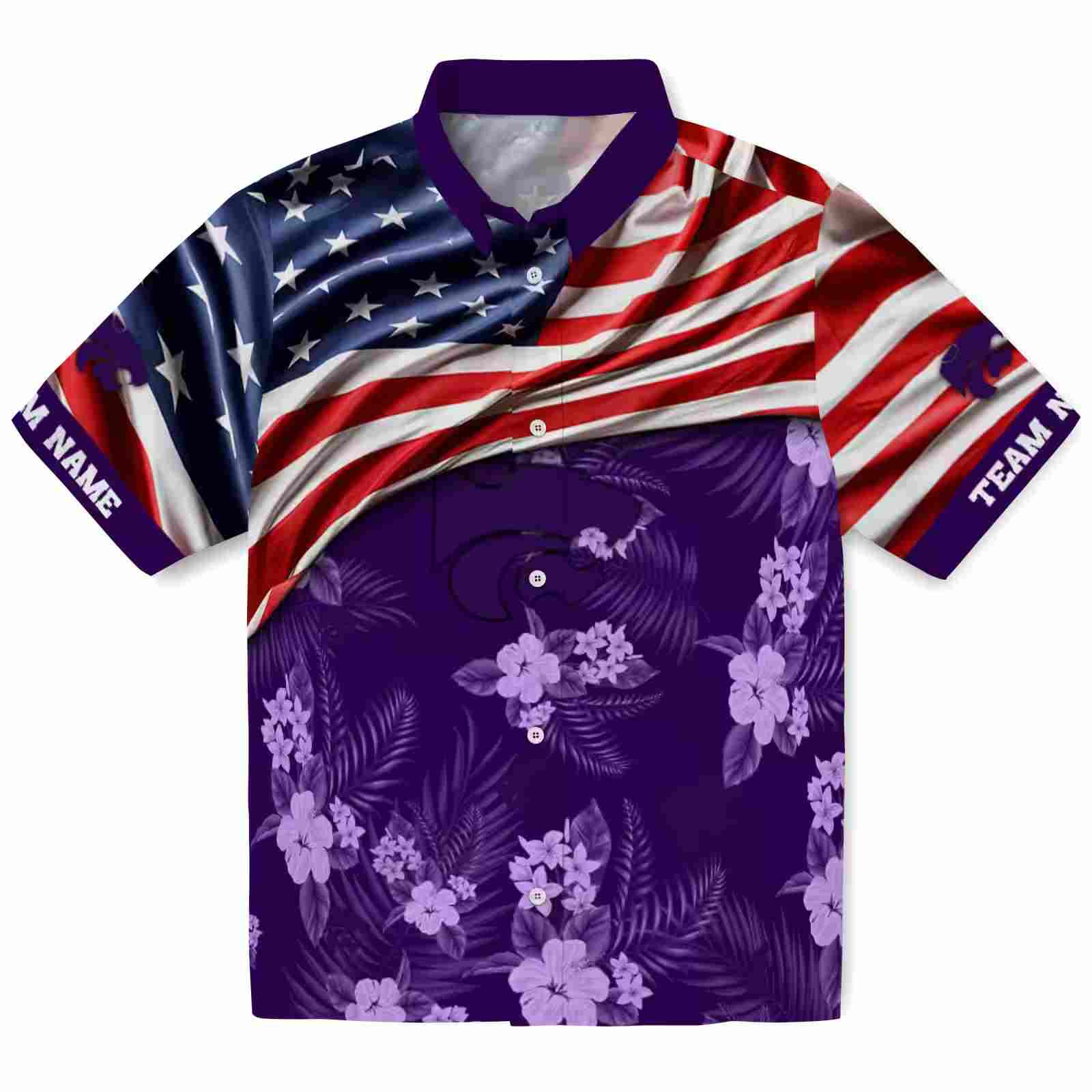 Customized Kansas State Wildcats US Flag Hibiscus Purple Hawaiian Shirt