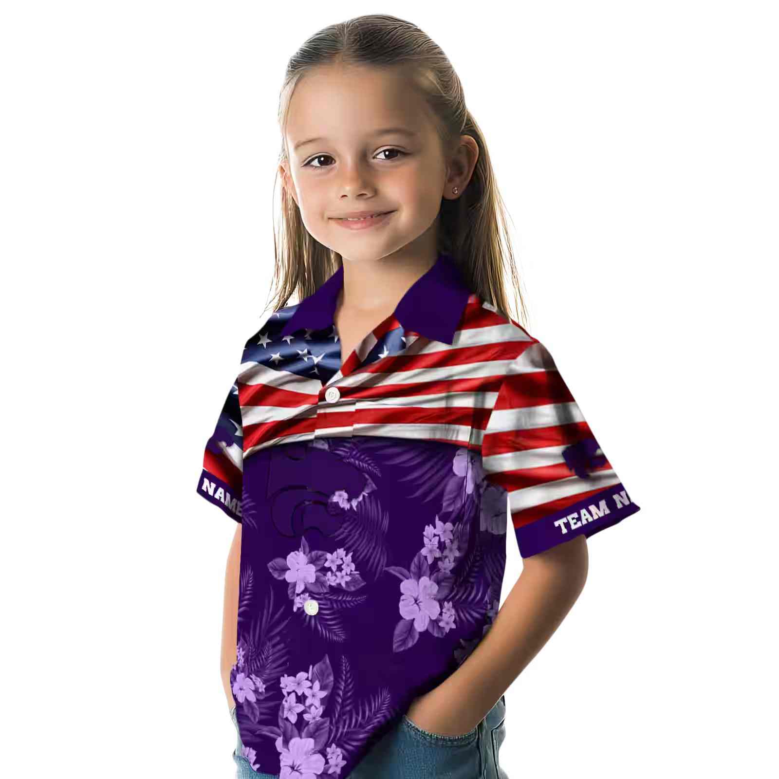 customized kansas state wildcats us flag hibiscus purple hawaiian shirt premium grade