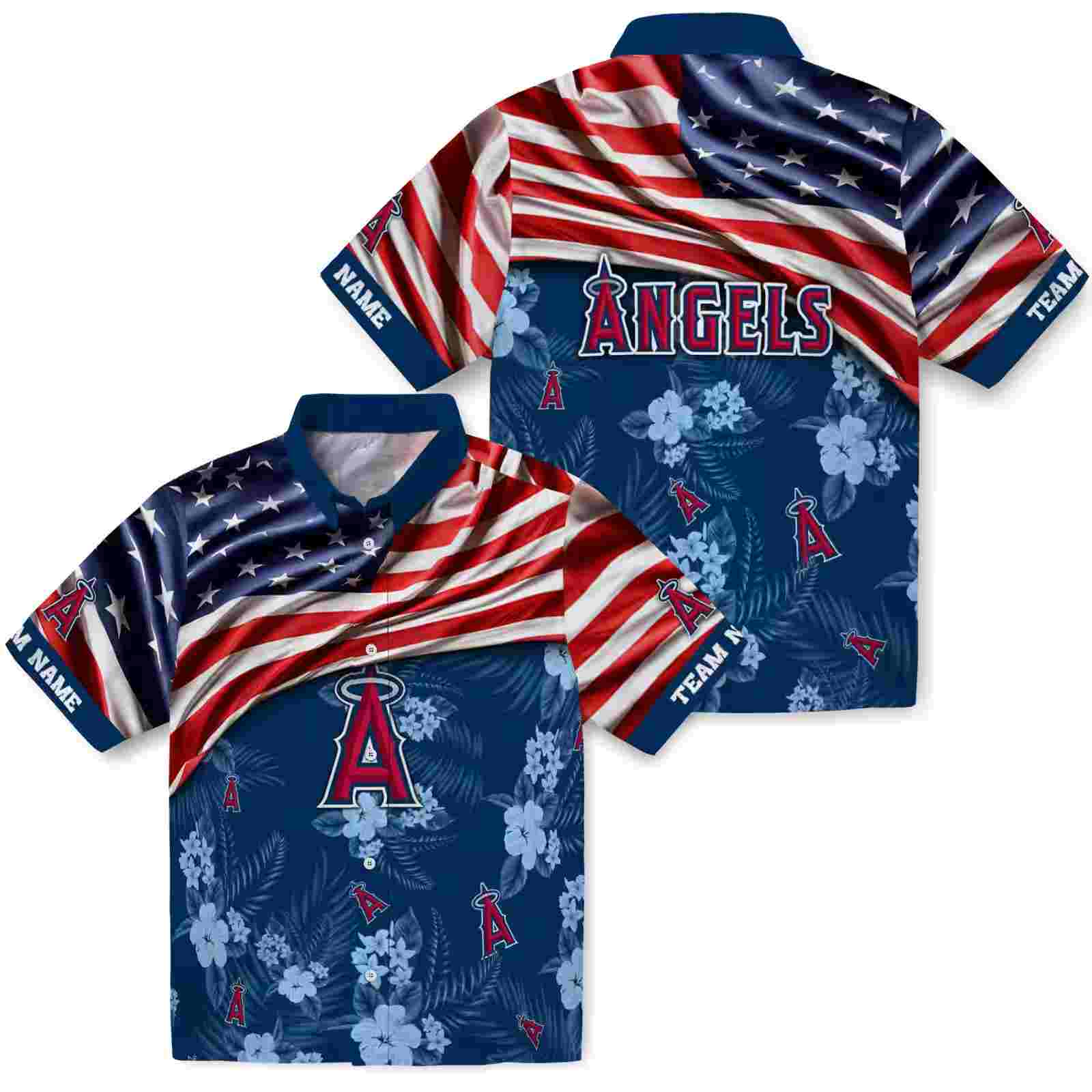 customized los angeles angels us flag hibiscus blue hawaiian shirt high quality