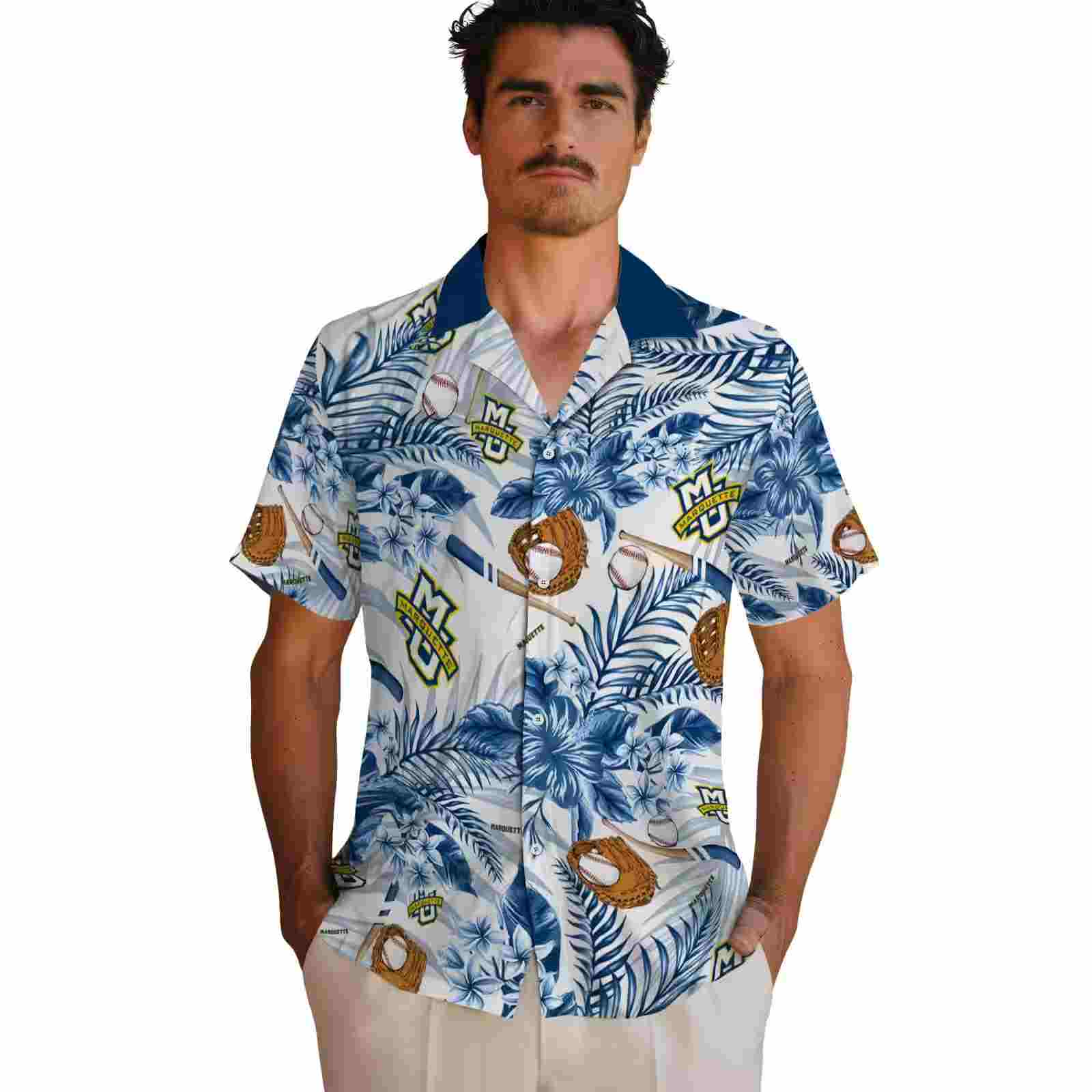 customized marquette golden eagles floral baseball blue white hawaiian shirt fashion forward