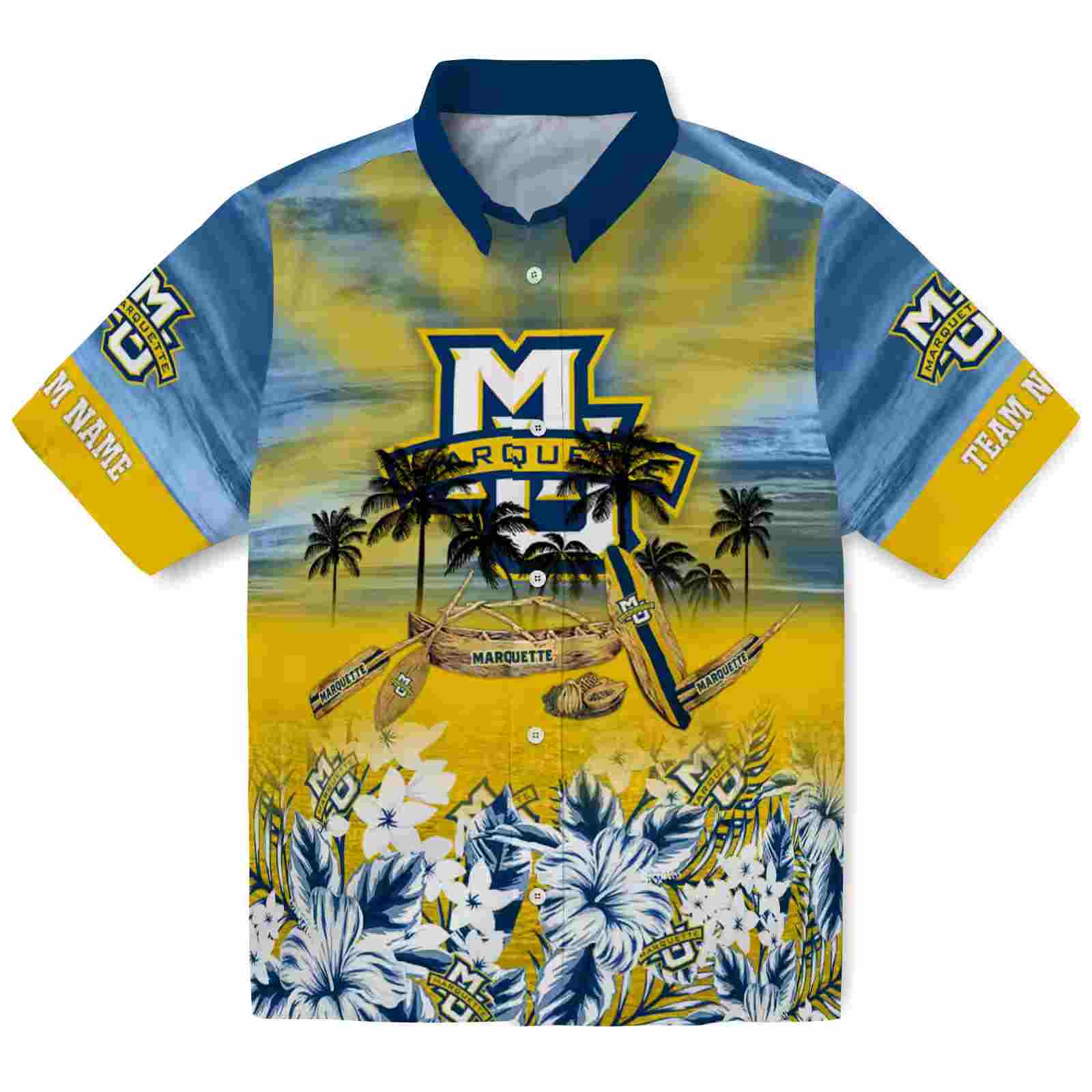 Customized Marquette Golden Eagles Tropical Canoe Blue Hawaiian Shirt